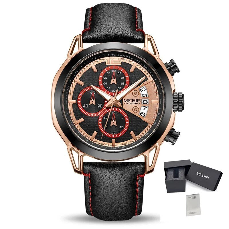 MEGIR Fashion Mens Military Sports Watches Luxury Leather Quartz Business Watch Chronograph Waterproof Luminous Date Wristwatch-12