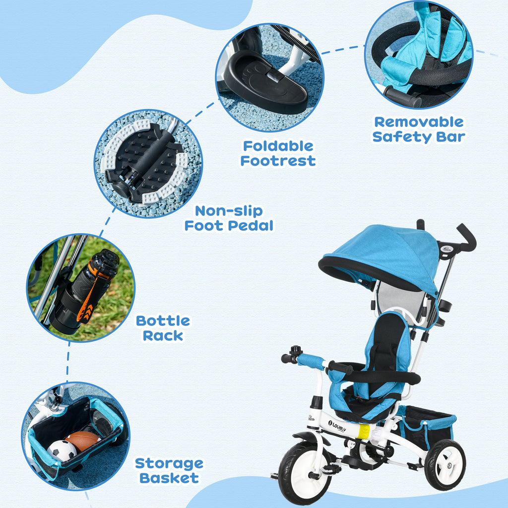 4 in 1 Kids Trike Push Bike with Handle, Canopy, Safety Belt, Footrest and Brake for 1-5 Year olds in Blue | HOMCOM