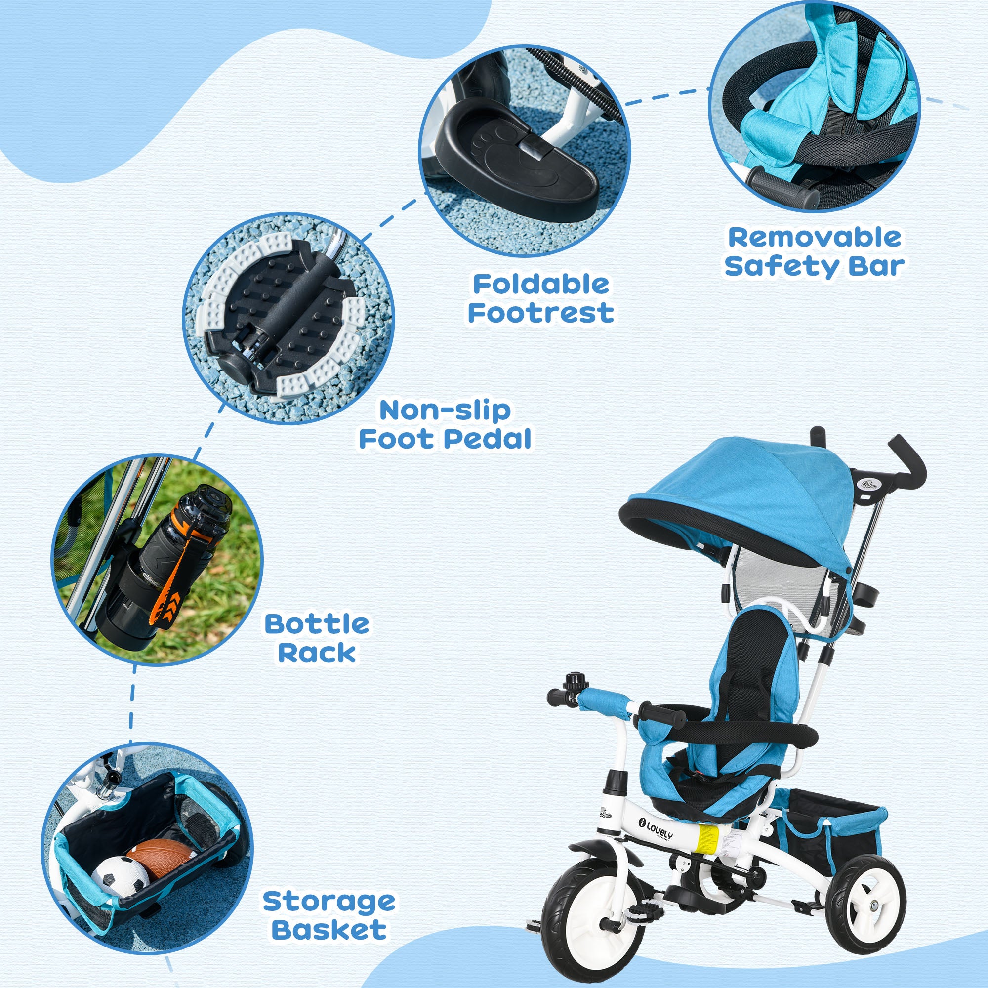 4 in 1 Kids Trike Push Bike with Handle, Canopy, Safety Belt, Footrest and Brake for 1-5 Year olds in Blue | HOMCOM