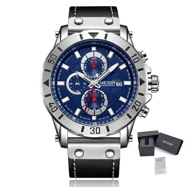 MEGIR Watch Men's Military Sport Wrist Watches Waterproof Leather Quartz Chronograph Calendar Luminous Clock Watch for Man 2081-14