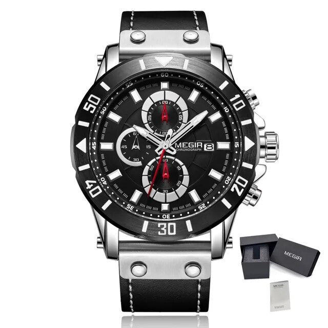 MEGIR Watch Men's Military Sport Wrist Watches Waterproof Leather Quartz Chronograph Calendar Luminous Clock Watch for Man 2081-15