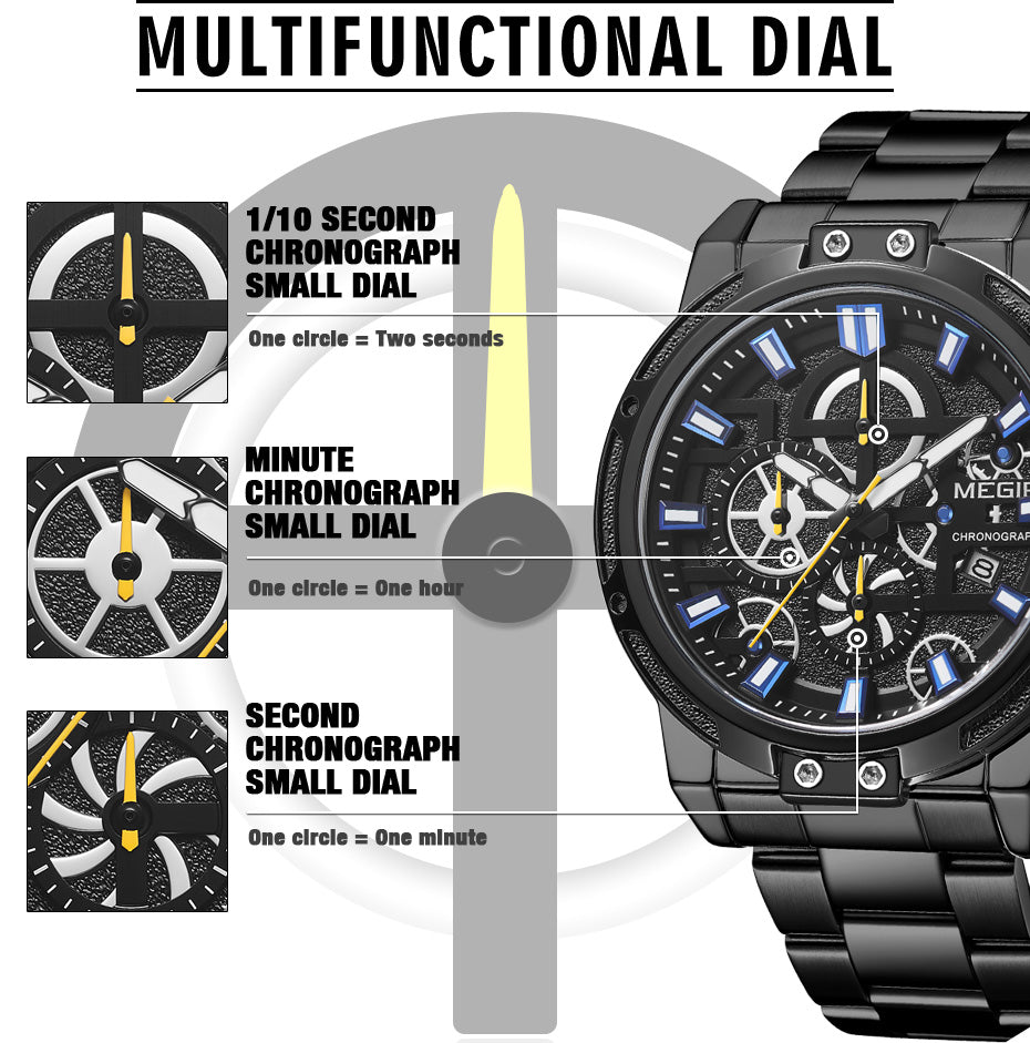 MEGIR Luxury Business Quartz Watches for Mens Stainless Steel Strap Men Casual Wristwatches Waterproof Man Clock Chronograph