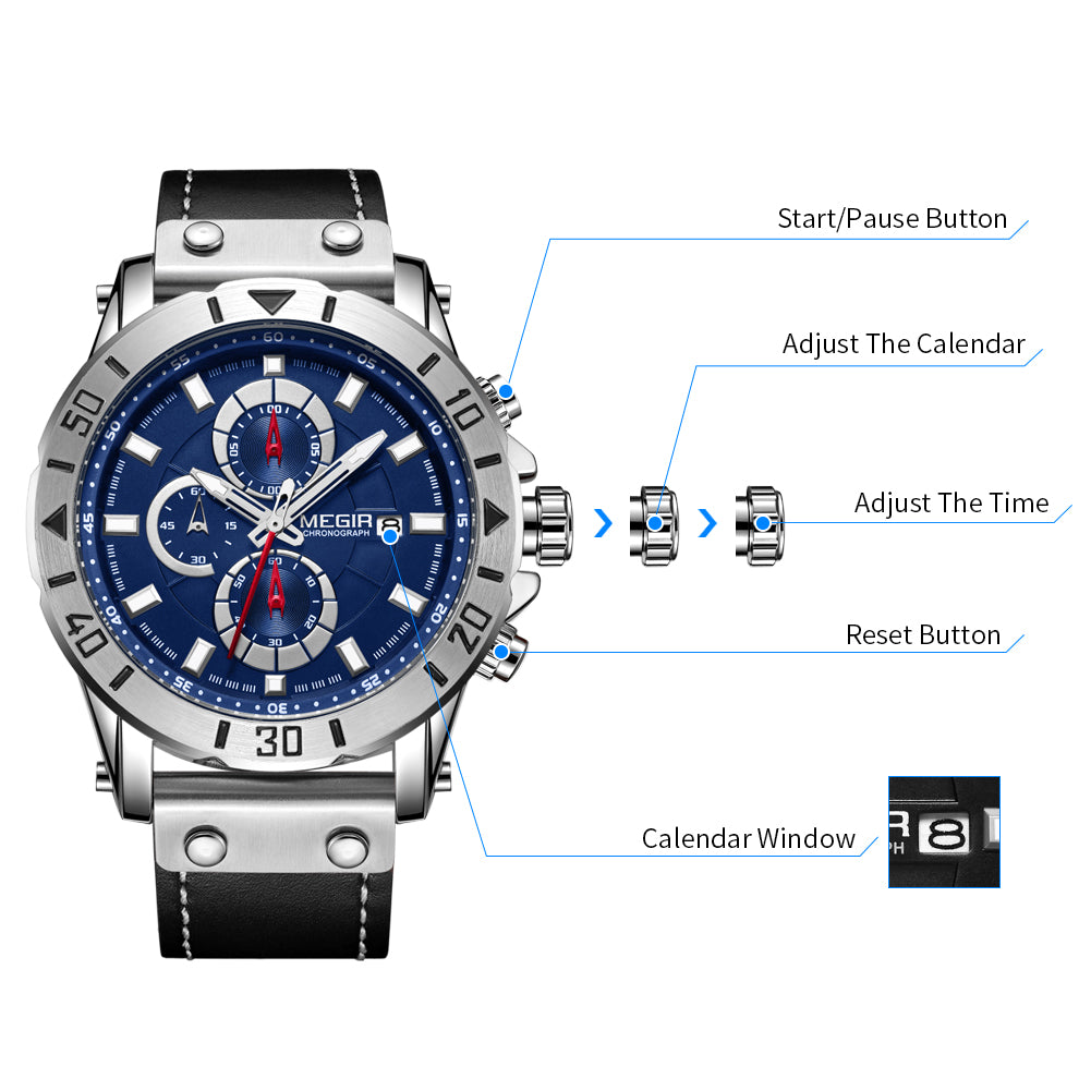 MEGIR Watch Men's Military Sport Wrist Watches Waterproof Leather Quartz Chronograph Calendar Luminous Clock Watch for Man 2081-11