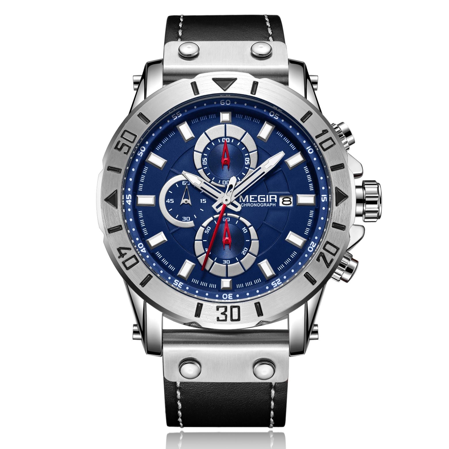 MEGIR Watch Men's Military Sport Wrist Watches Waterproof Leather Quartz Chronograph Calendar Luminous Clock Watch for Man 2081-5