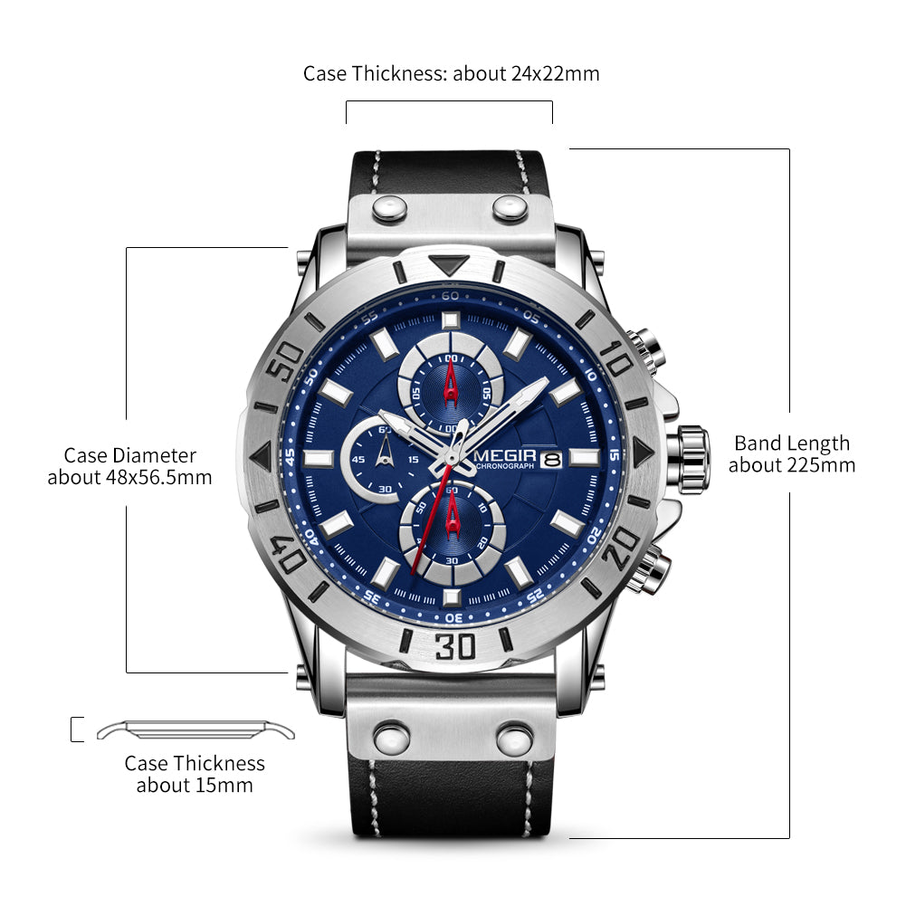 MEGIR Watch Men's Military Sport Wrist Watches Waterproof Leather Quartz Chronograph Calendar Luminous Clock Watch for Man 2081-12