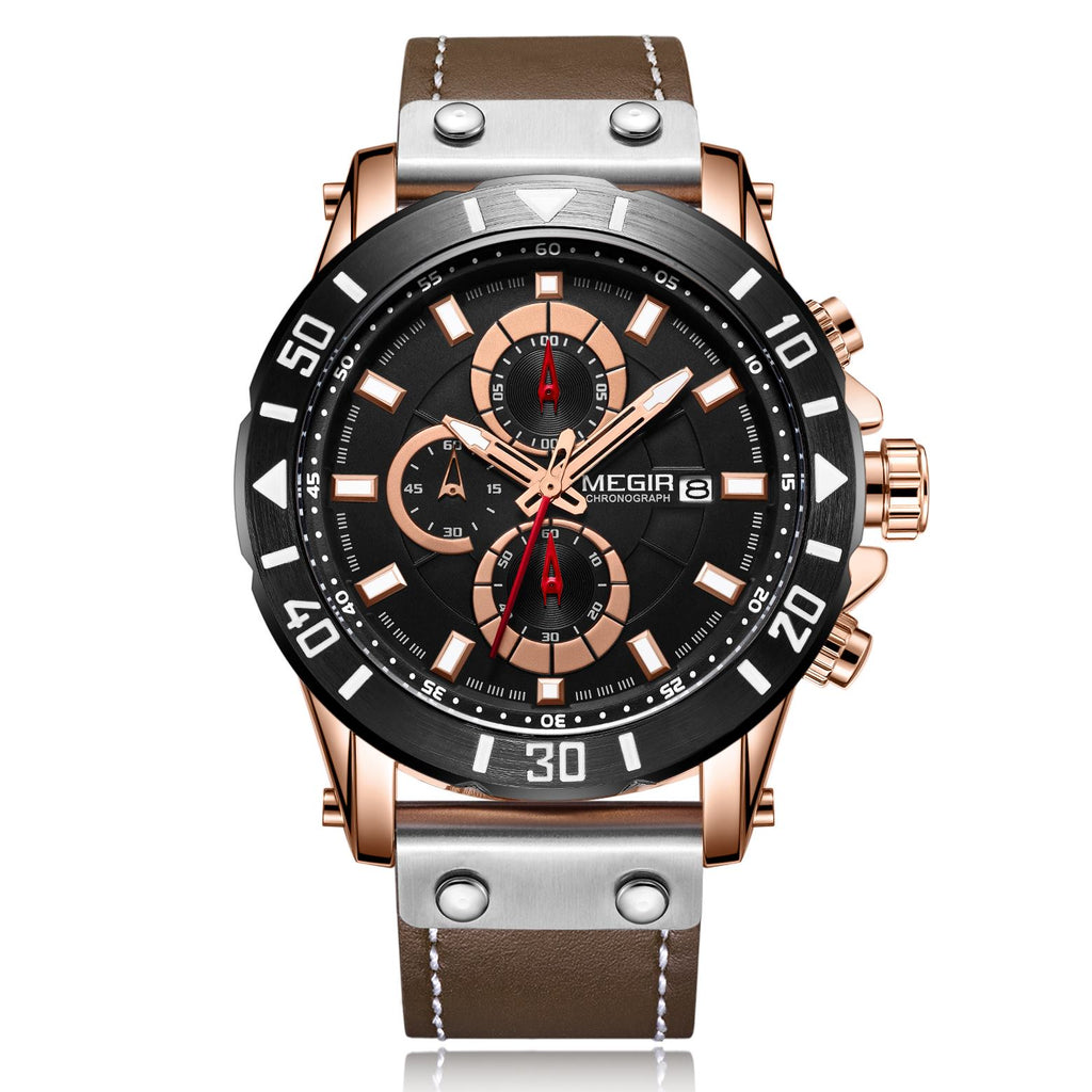 MEGIR Watch Men's Military Sport Wrist Watches Waterproof Leather Quartz Chronograph Calendar Luminous Clock Watch for Man 2081-7