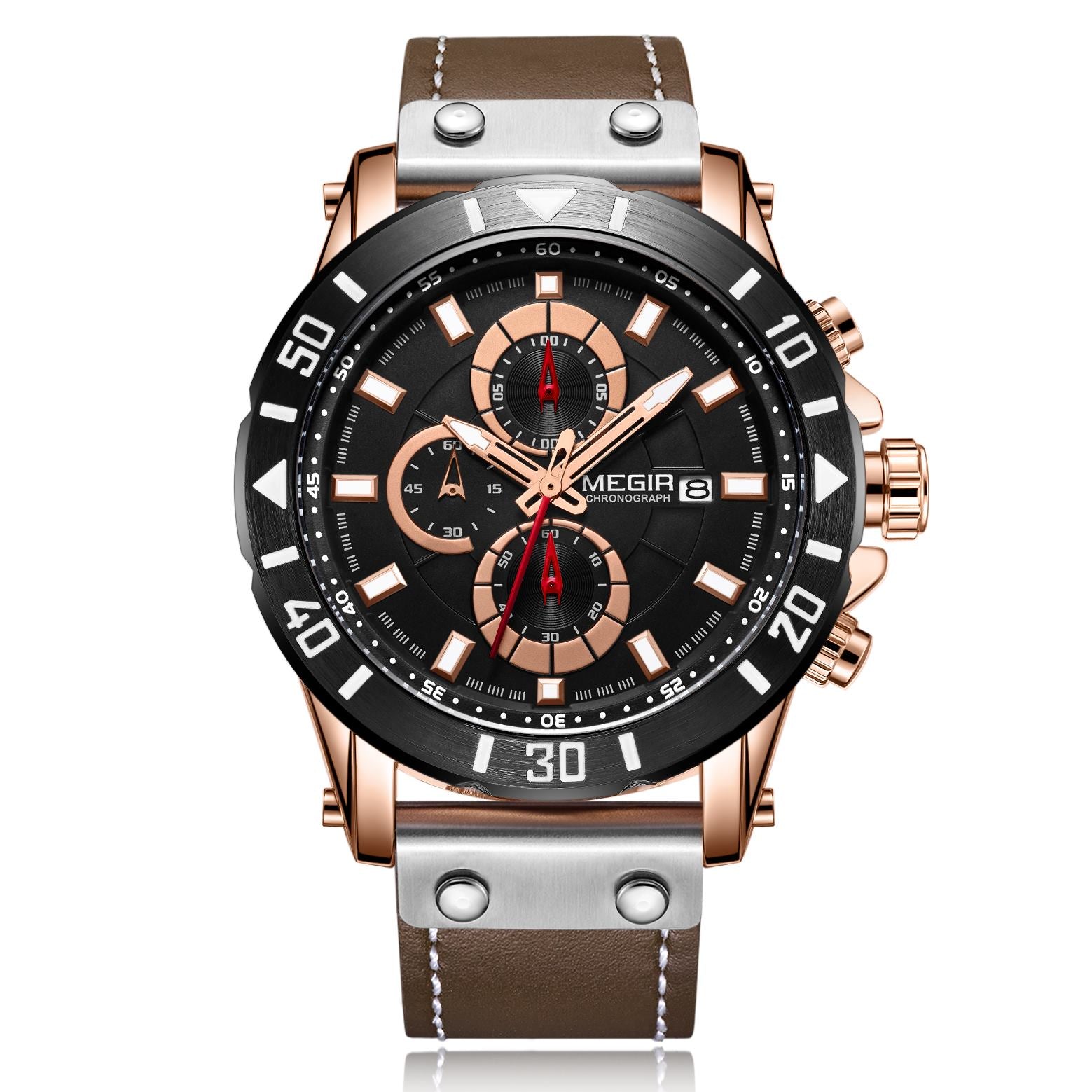 MEGIR Watch Men's Military Sport Wrist Watches Waterproof Leather Quartz Chronograph Calendar Luminous Clock Watch for Man 2081-7
