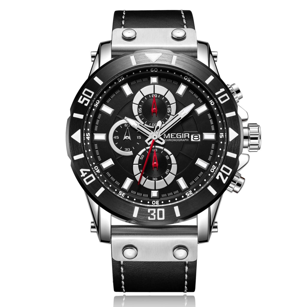 MEGIR Watch Men's Military Sport Wrist Watches Waterproof Leather Quartz Chronograph Calendar Luminous Clock Watch for Man 2081-6