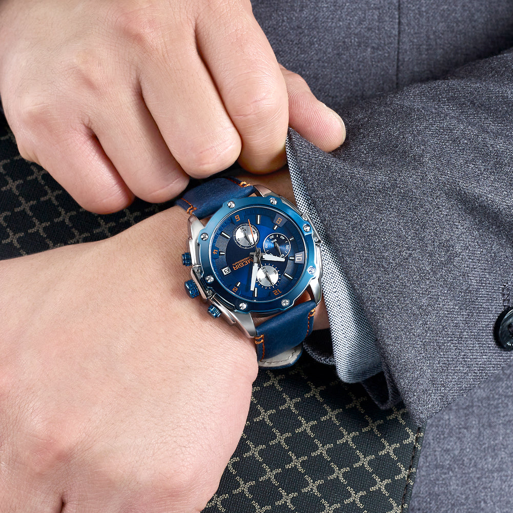 MEGIR Chronograph Men Watch Relogio Masculino Leather Strap Business Quartz Watch Clock Waterproof Date Army Military Wristwatch