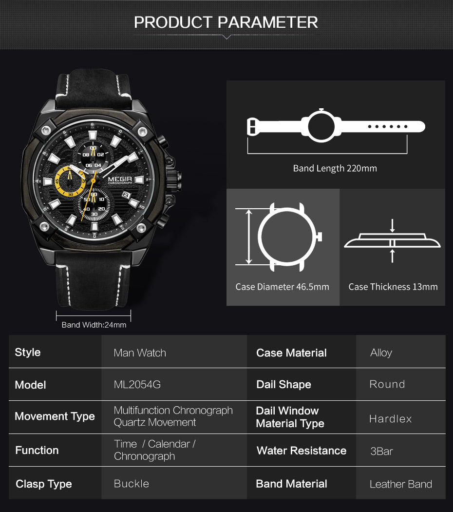 MEGIR Men's Quartz Watches Top Brand Luxury Military Sports Watch Chronograph Fashion Man Clock Wristwatch montre homme 2054-8