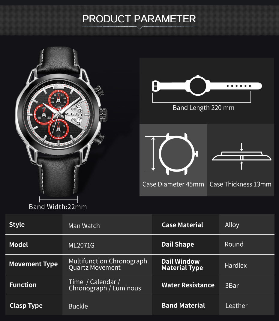 MEGIR Fashion Mens Military Sports Watches Luxury Leather Quartz Business Watch Chronograph Waterproof Luminous Date Wristwatch-9