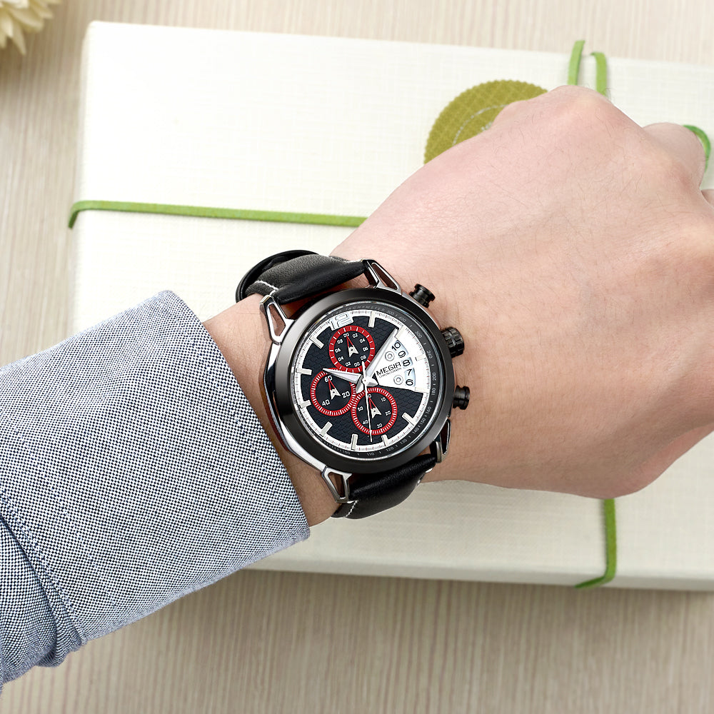 MEGIR Fashion Mens Military Sports Watches Luxury Leather Quartz Business Watch Chronograph Waterproof Luminous Date Wristwatch-1