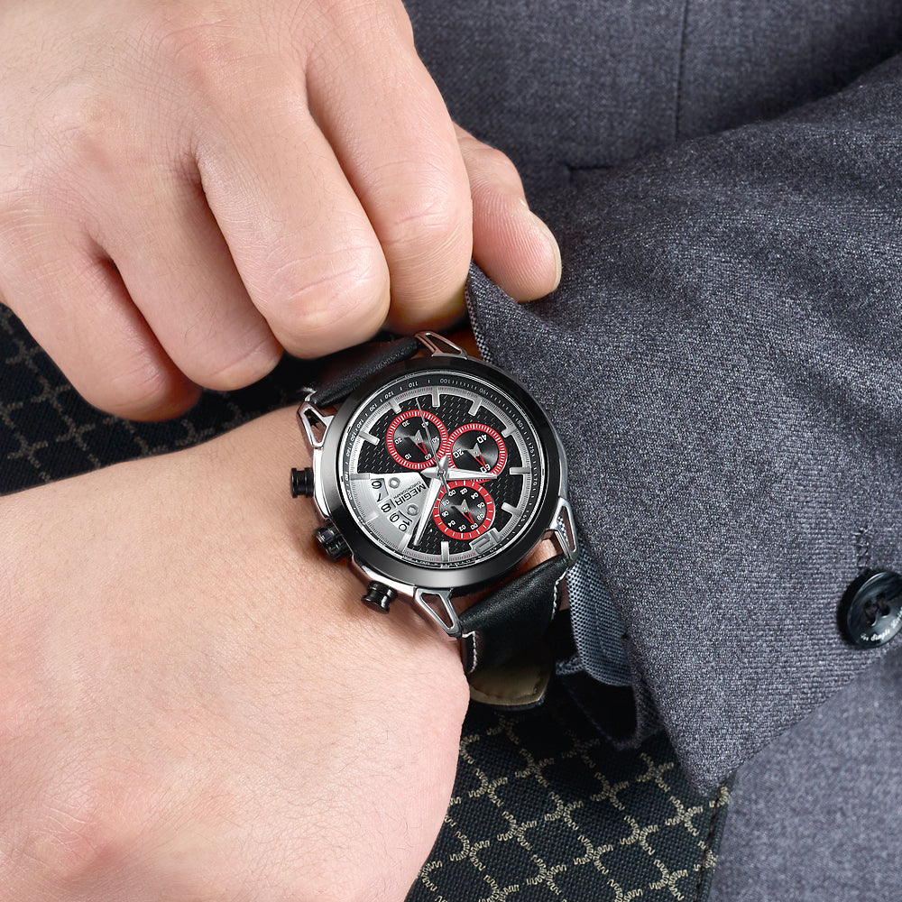 MEGIR Fashion Mens Military Sports Watches Luxury Leather Quartz Business Watch Chronograph Waterproof Luminous Date Wristwatch-2