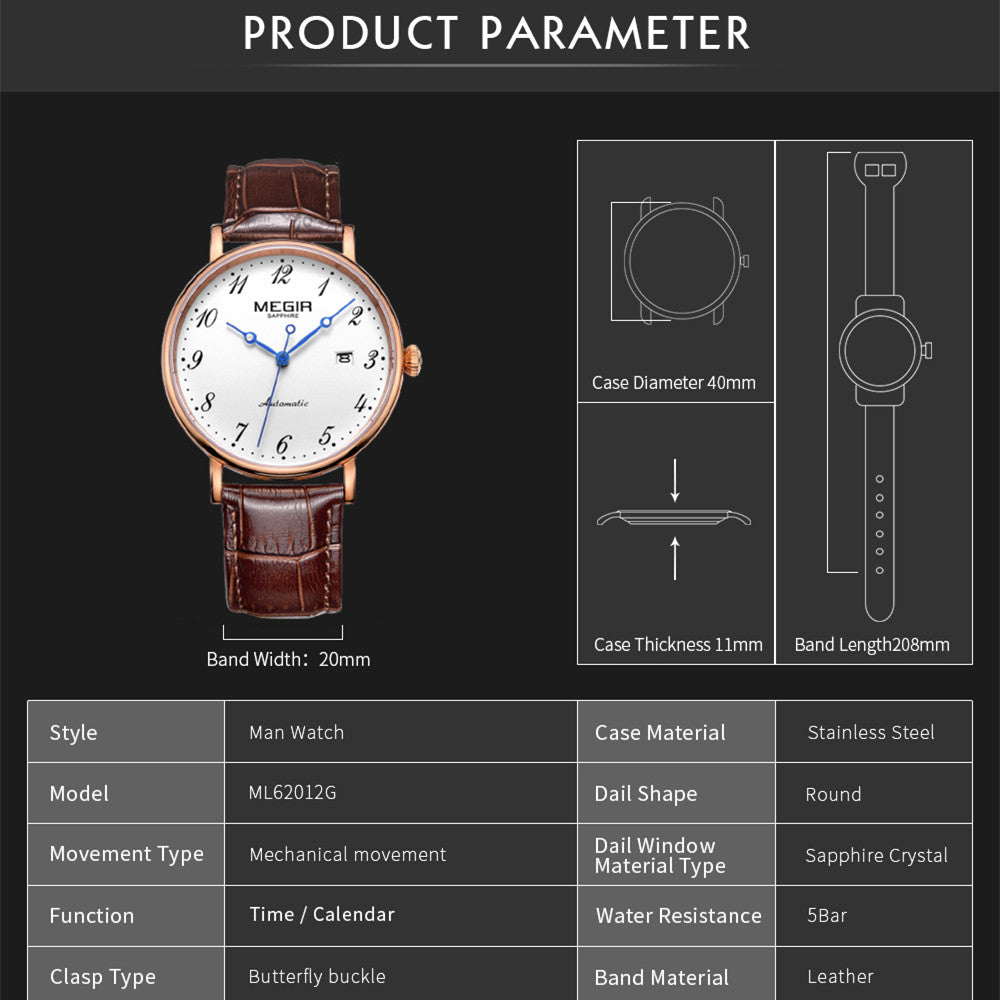 MEGIR Luxury Automatic Mechanical Watch for Men Large Dial Sapphire Leather Strap Male Wristwatch Sports Waterproof Date Clock 62012-4