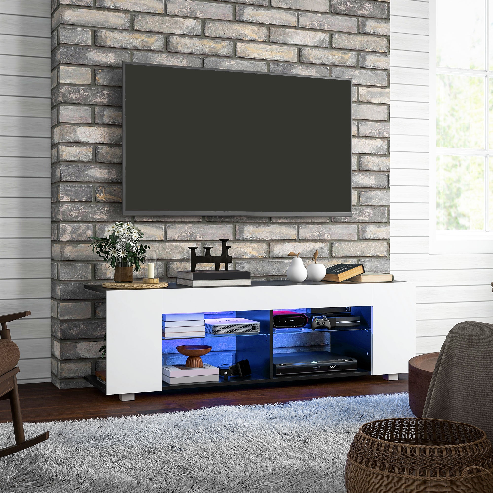 HOMCOM TV Stand, 145cm Modern TV Unit with Glass Shelves, RGB LED Light for 32 40 43 50 52 55 60 inch 4k TV in White