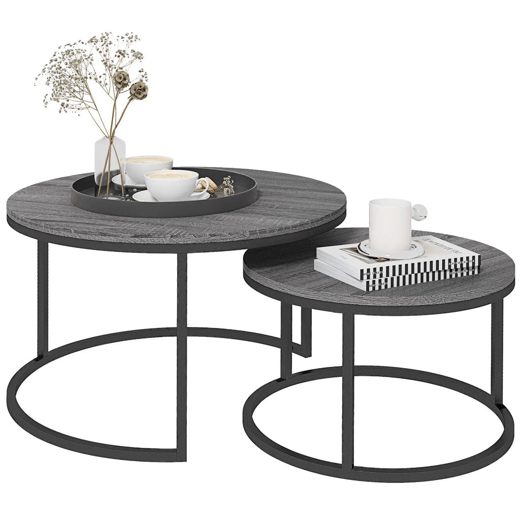 Industrial Nesting Coffee Table Set of 2, Round Coffee Tables, Living Room Table with Wood Effect Top and Steel Frame | HOMCOM