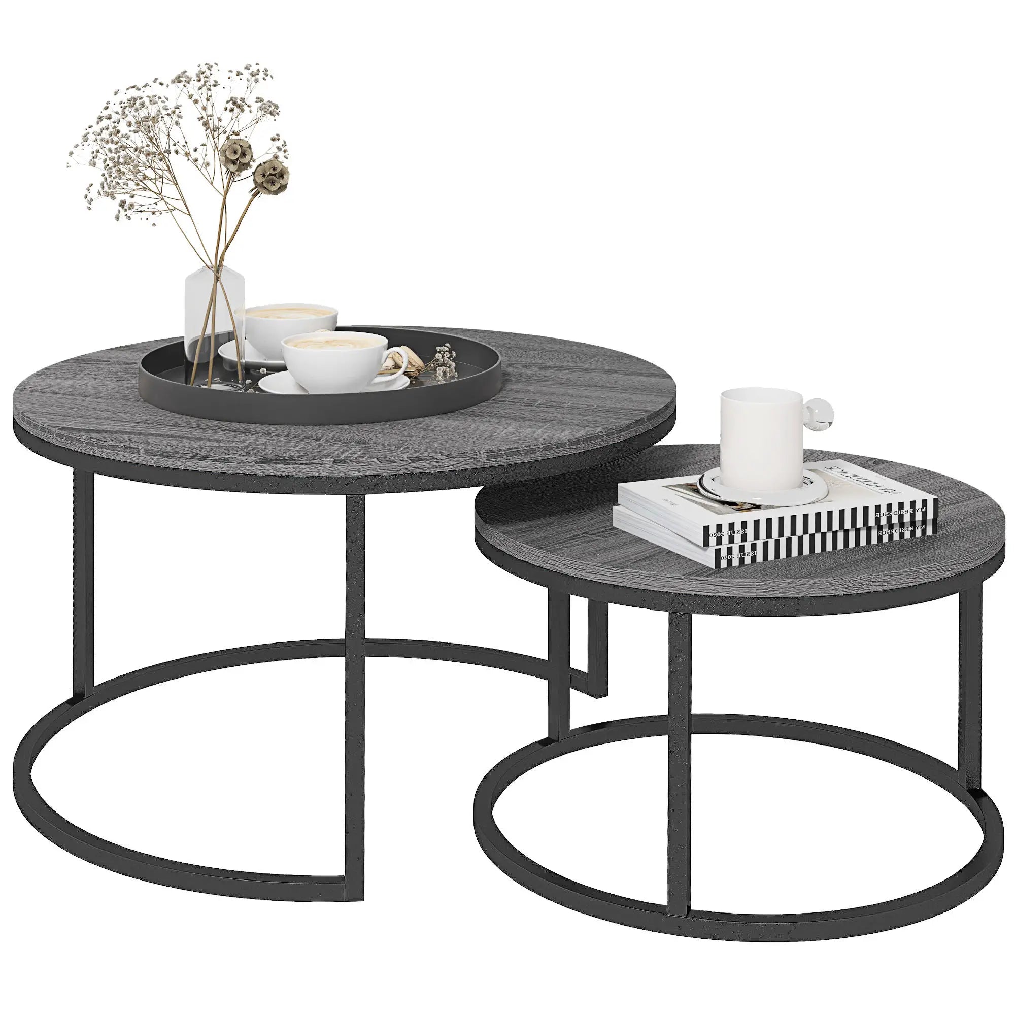 Industrial Nesting Coffee Table Set of 2, Round Coffee Tables, Living Room Table with Wood Effect Top and Steel Frame | HOMCOM