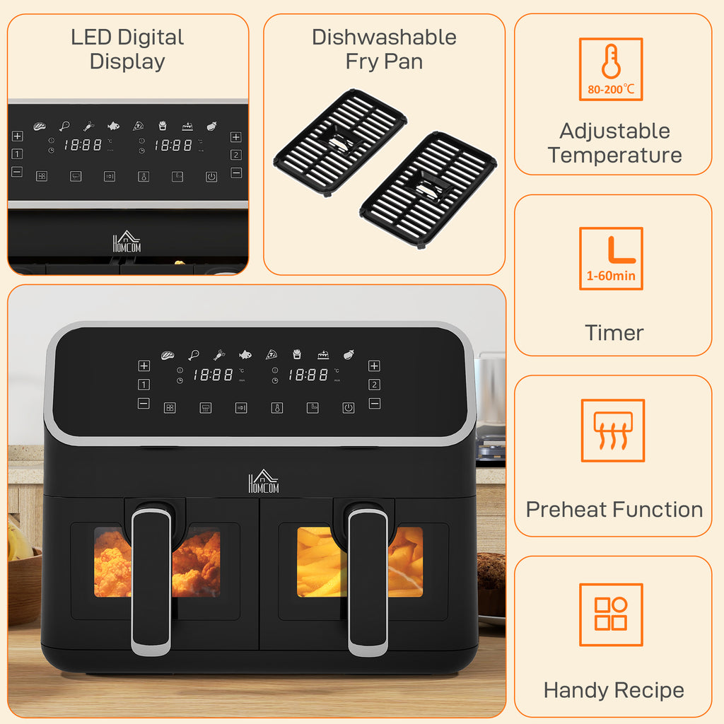 Dual Air Fryer, 8L Family Size Double Air Fryer Oven w/ 8-In-1 Presets, Smart Finish, Digital Display, Visual Window, Timer for Oil | HOMCOM