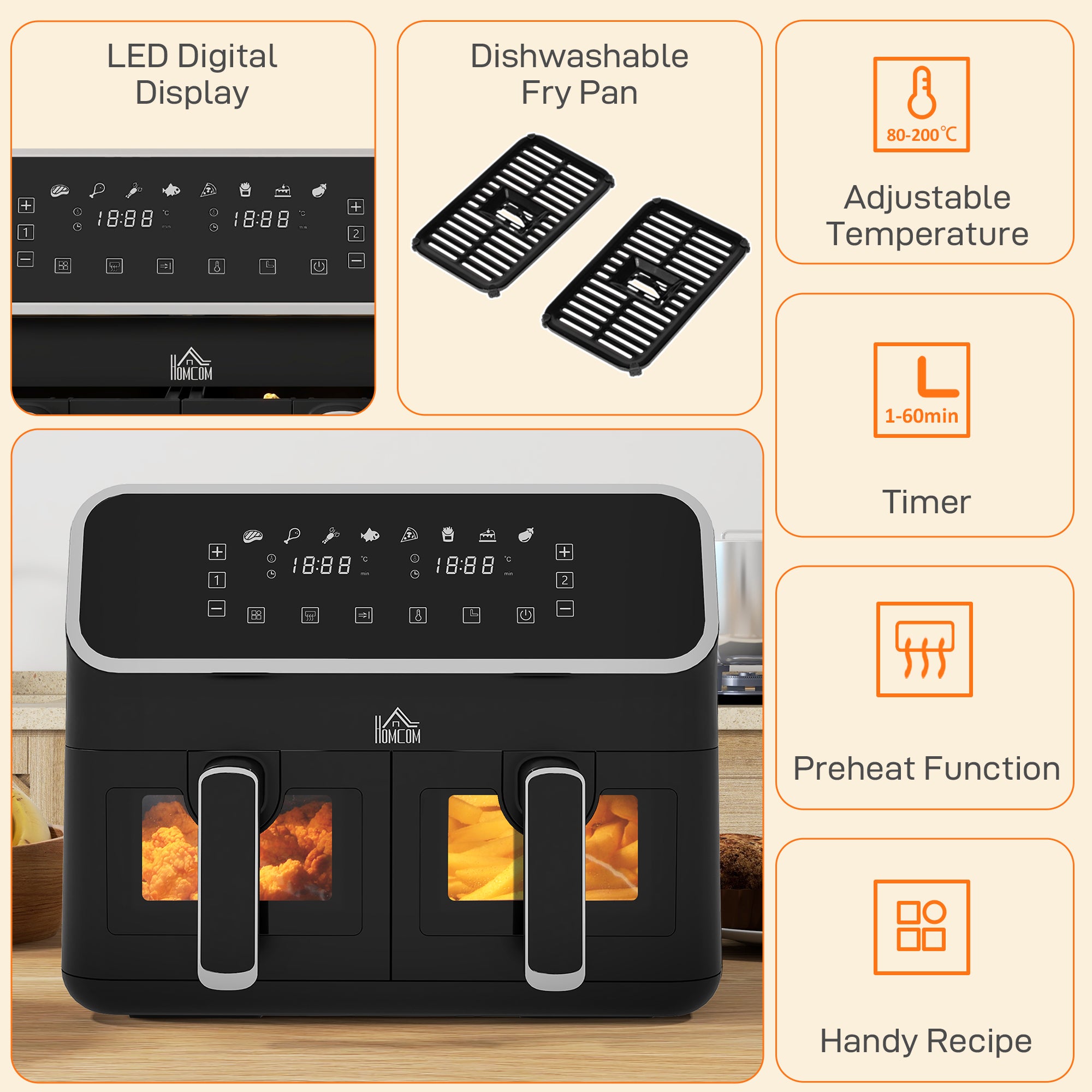 Dual Air Fryer, 8L Family Size Double Air Fryer Oven w/ 8-In-1 Presets, Smart Finish, Digital Display, Visual Window, Timer for Oil | HOMCOM