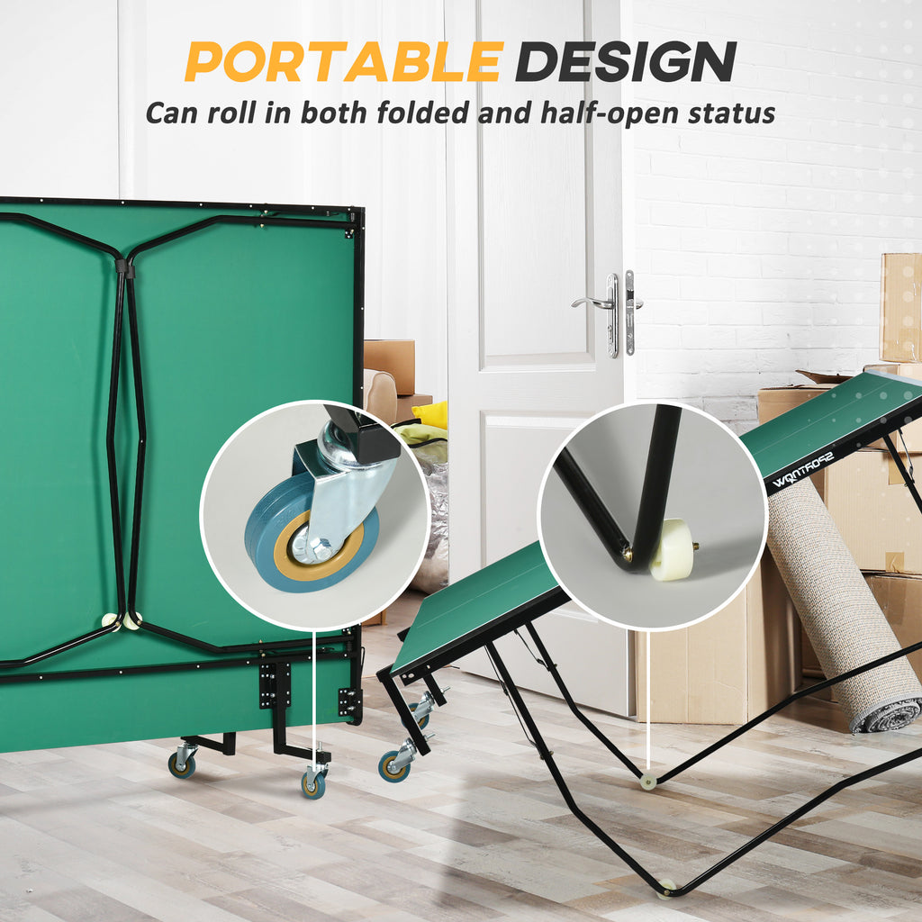 SPORTNOW 9FT Green Outdoor Folding Table Tennis Table with 8 Wheels, Ping Pong Table for Indoor and Outdoor Use