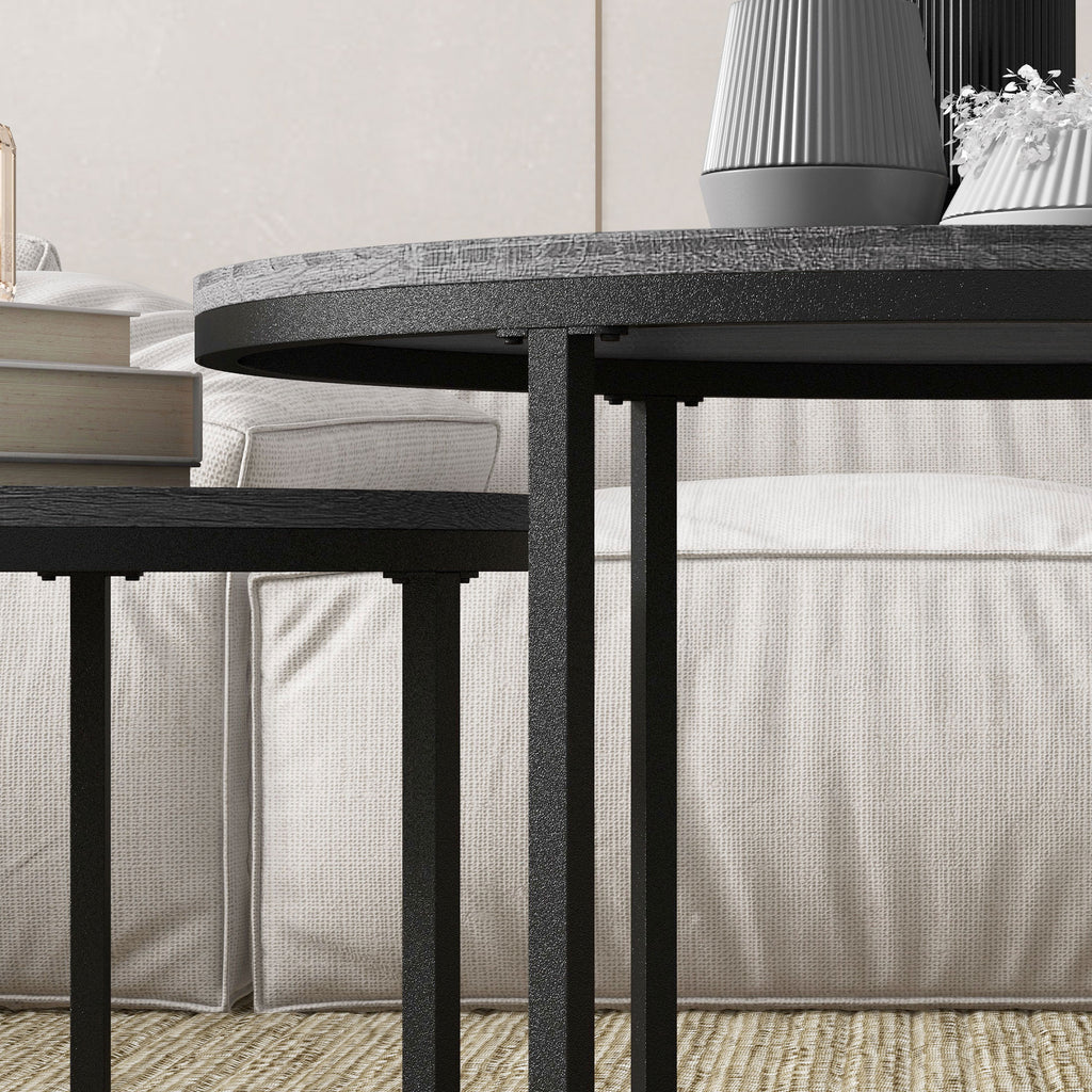 Industrial Nesting Coffee Table Set of 2, Round Coffee Tables, Living Room Table with Wood Effect Top and Steel Frame | HOMCOM