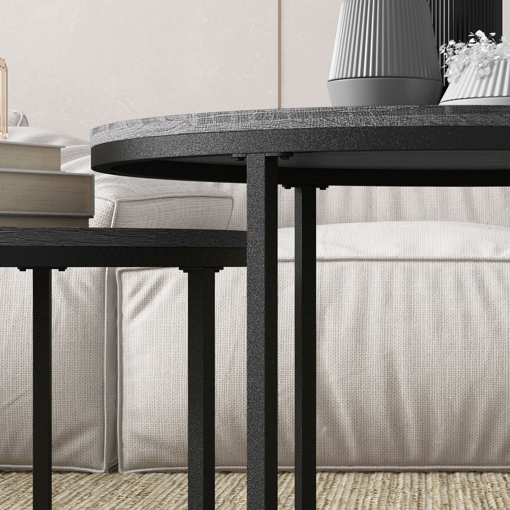 Industrial Nesting Coffee Table Set of 2, Round Coffee Tables, Living Room Table with Wood Effect Top and Steel Frame | HOMCOM