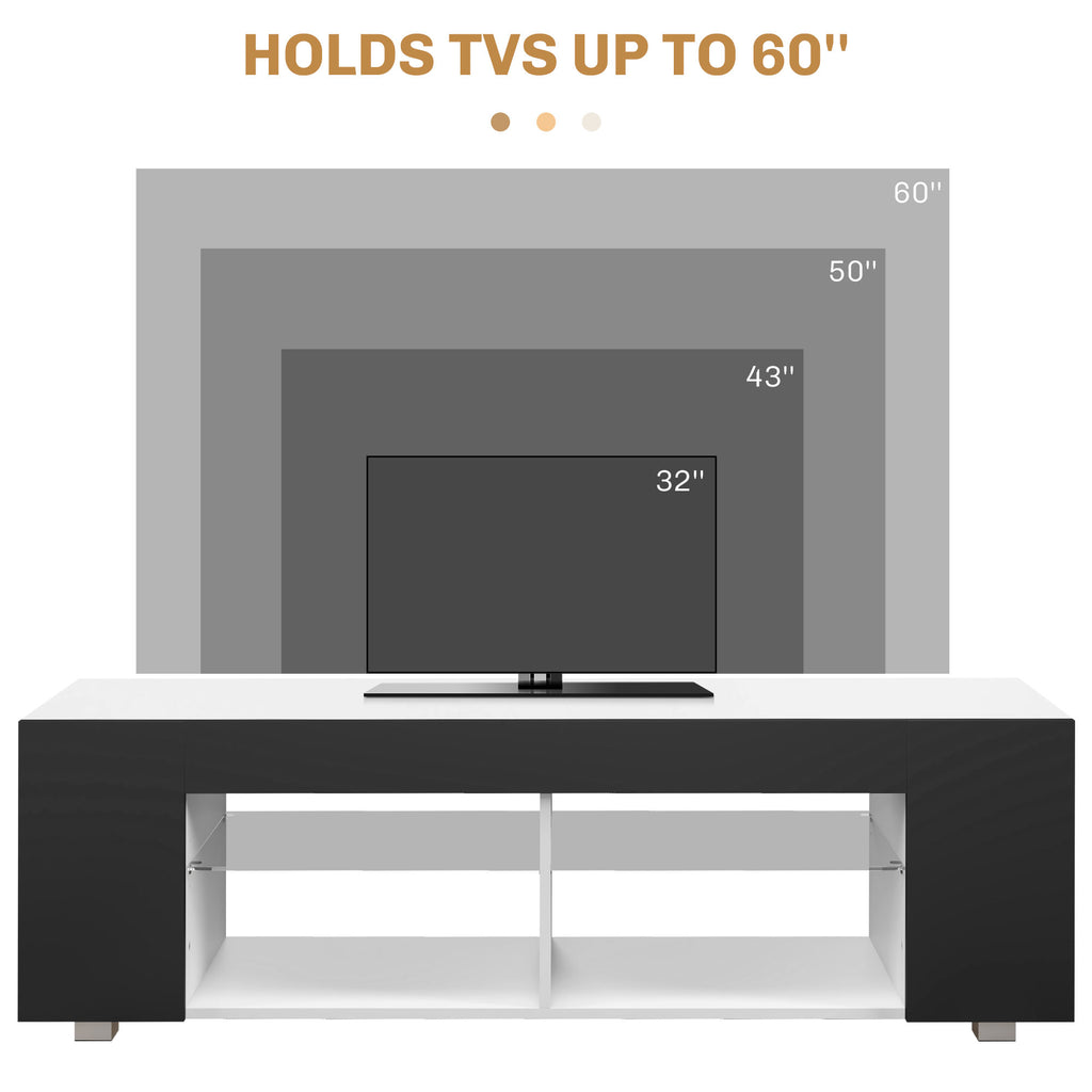 Modern TV Stand, 145cm TV Unit with Glass Shelves, RGB LED Light for 32 40 43 50 52 55 60 inch 4k TV, Black | HOMCOM