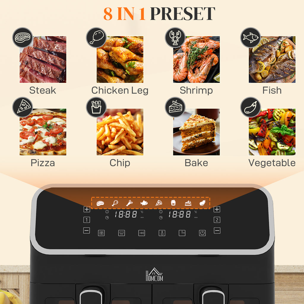 Dual Air Fryer, 8L Family Size Double Air Fryer Oven w/ 8-In-1 Presets, Smart Finish, Digital Display, Visual Window, Timer for Oil | HOMCOM