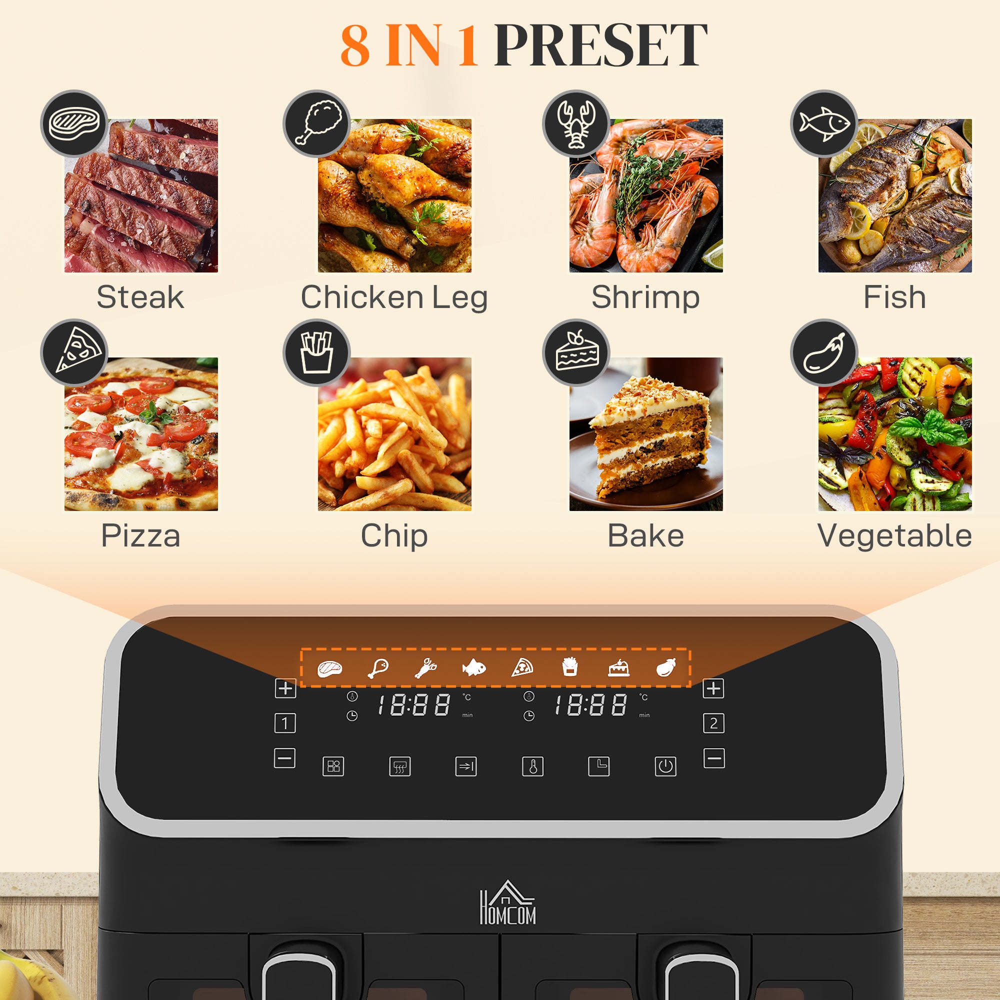 Dual Air Fryer, 8L Family Size Double Air Fryer Oven w/ 8-In-1 Presets, Smart Finish, Digital Display, Visual Window, Timer for Oil | HOMCOM
