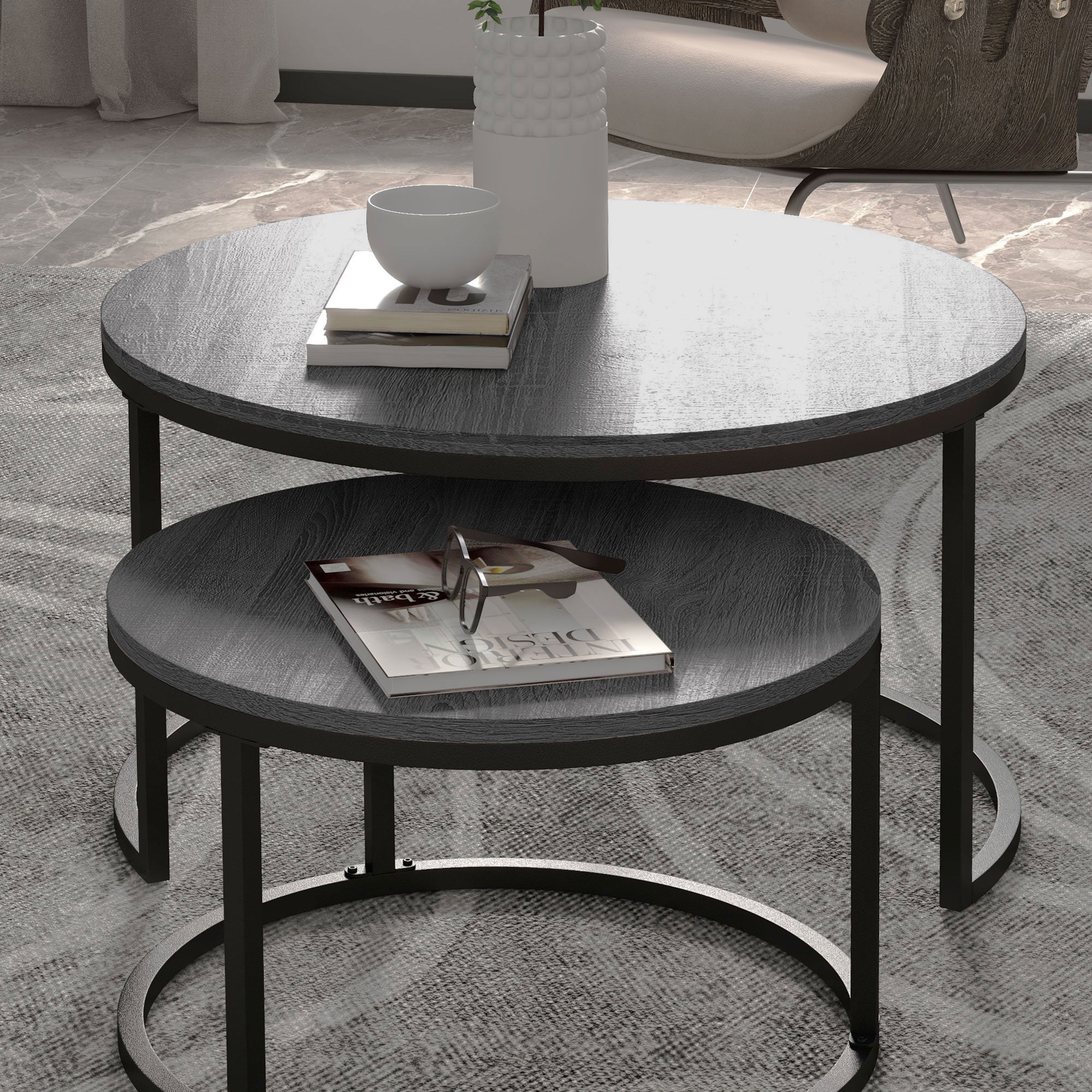 Industrial Nesting Coffee Table Set of 2, Round Coffee Tables, Living Room Table with Wood Effect Top and Steel Frame | HOMCOM