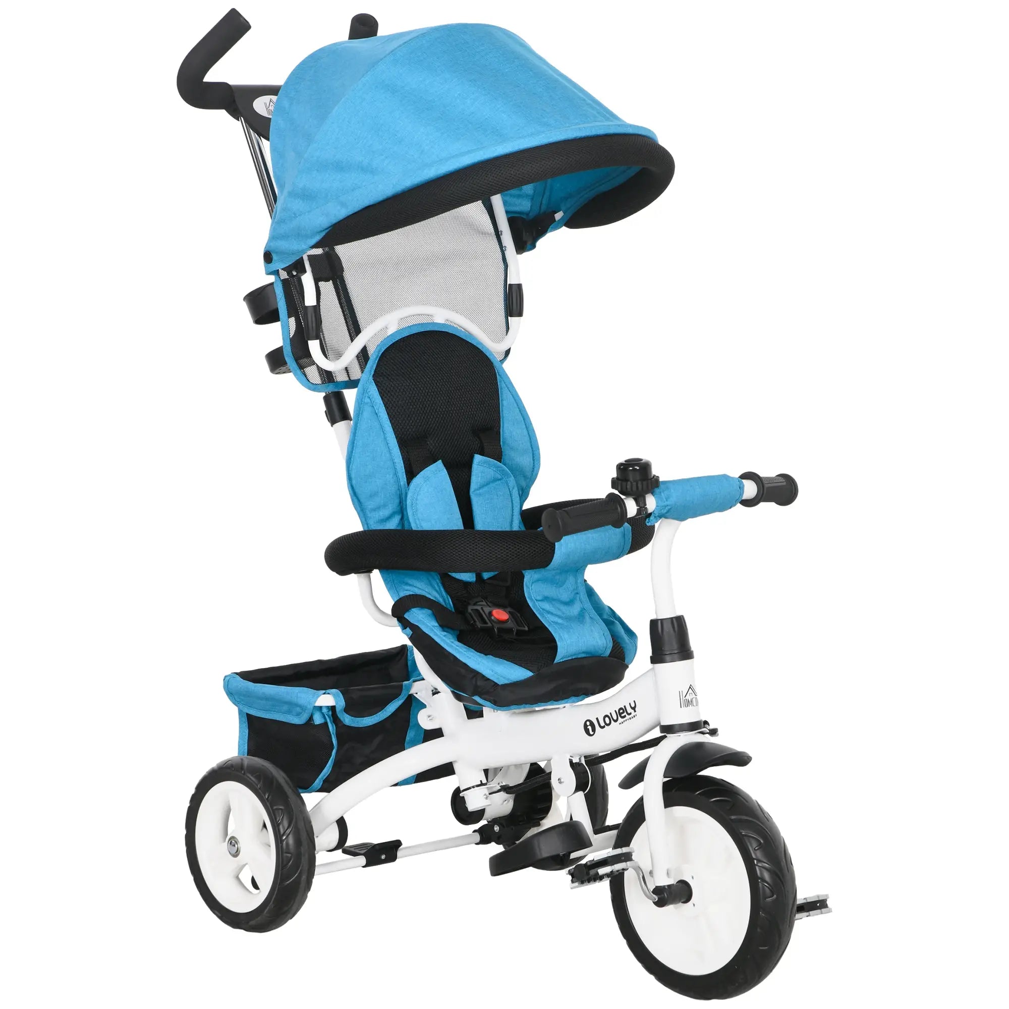 4 in 1 Kids Trike Push Bike with Handle, Canopy, Safety Belt, Footrest and Brake for 1-5 Year olds in Blue | HOMCOM