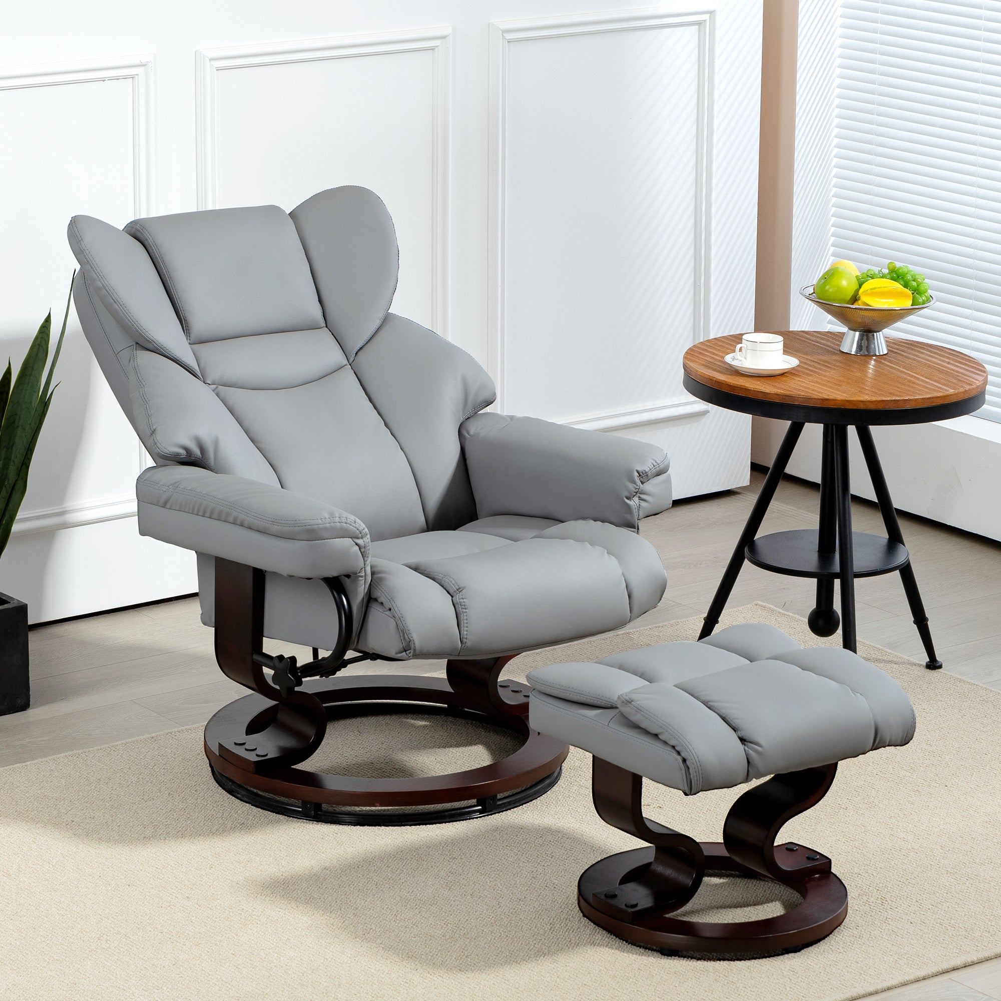Faux Leather Recliner Chair and Footstool, Swivel Upholstered Armchair with Adjustable Backrest, Wood Base in Light Grey by HOMCOM