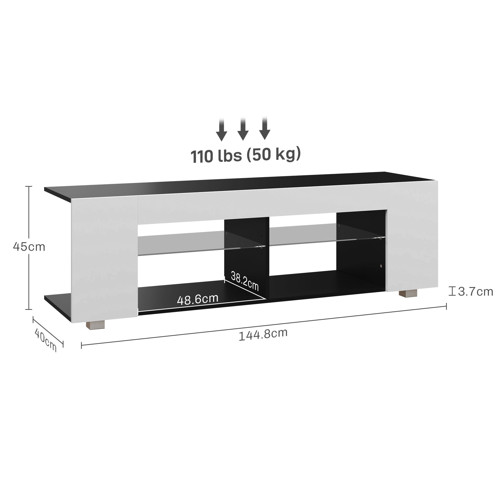HOMCOM TV Stand, 145cm Modern TV Unit with Glass Shelves, RGB LED Light for 32 40 43 50 52 55 60 inch 4k TV in White
