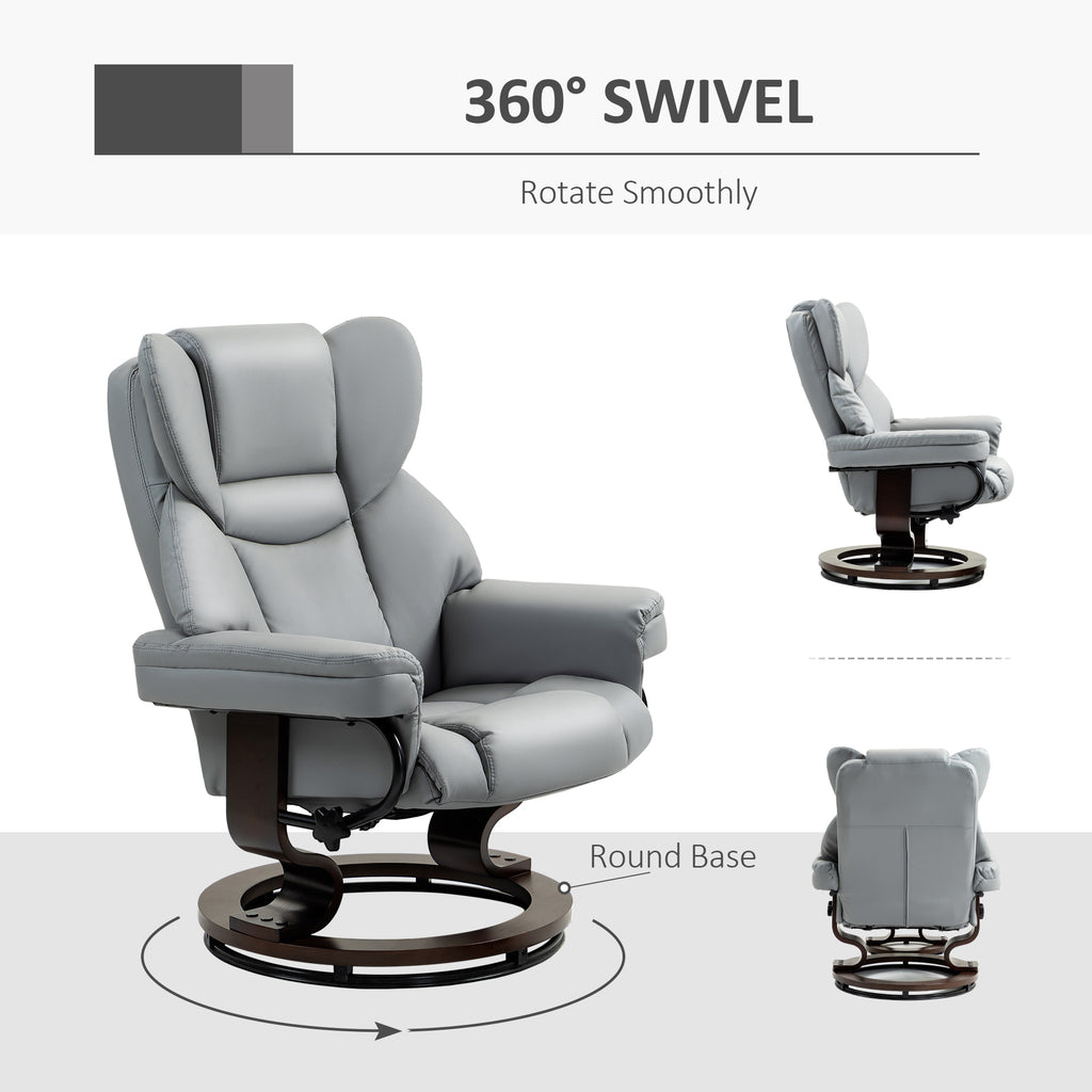 Faux Leather Recliner Chair and Footstool, Swivel Upholstered Armchair with Adjustable Backrest, Wood Base in Light Grey by HOMCOM
