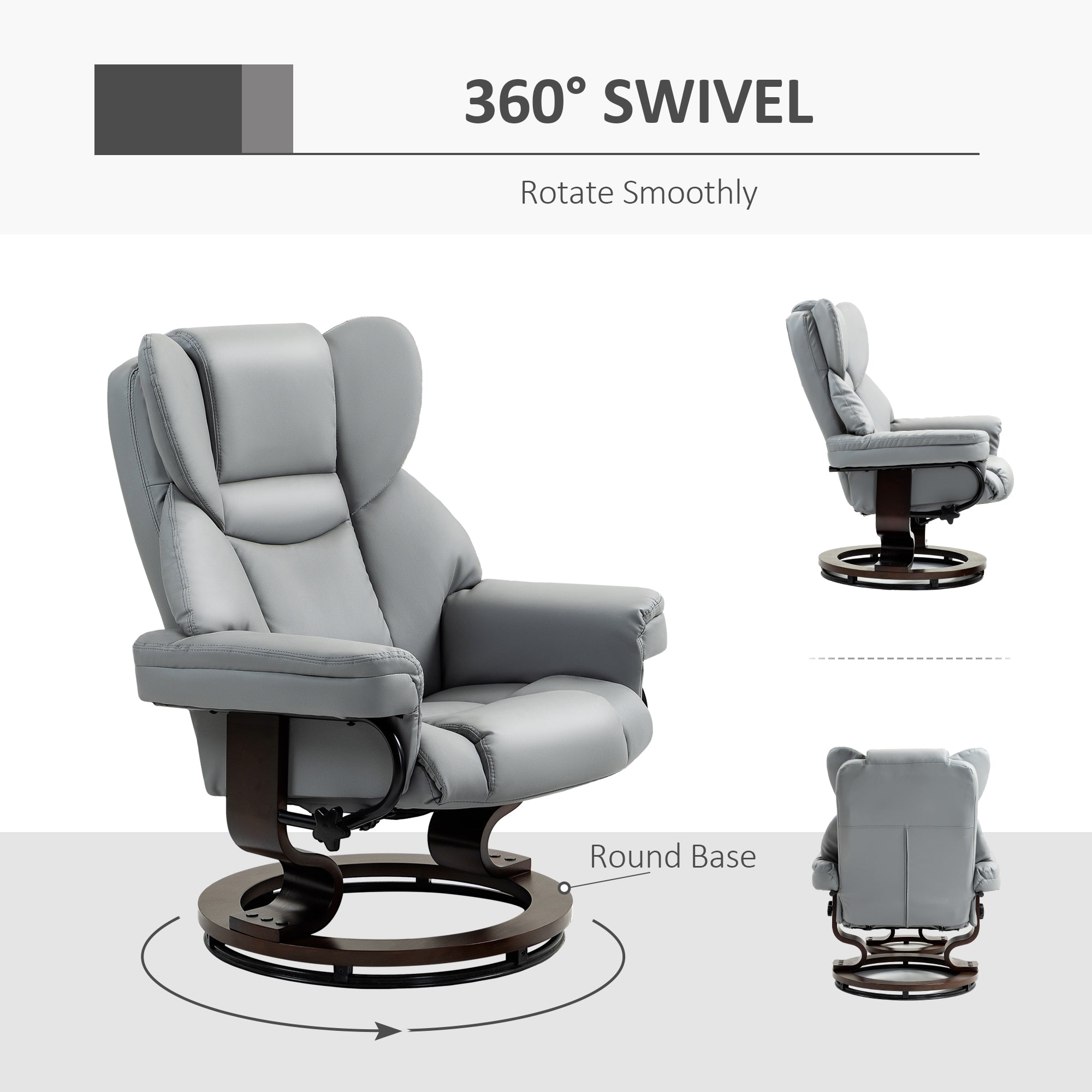 Faux Leather Recliner Chair and Footstool, Swivel Upholstered Armchair with Adjustable Backrest, Wood Base in Light Grey by HOMCOM