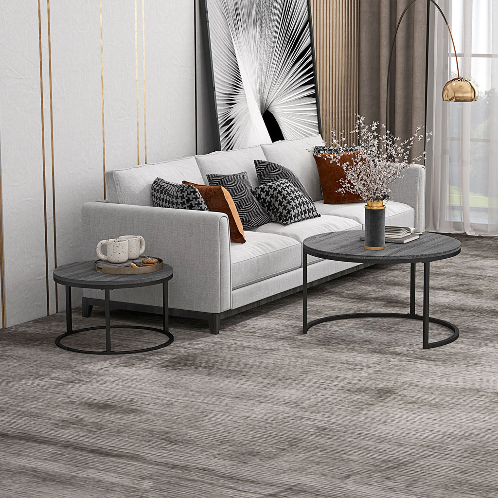 Industrial Nesting Coffee Table Set of 2, Round Coffee Tables, Living Room Table with Wood Effect Top and Steel Frame | HOMCOM