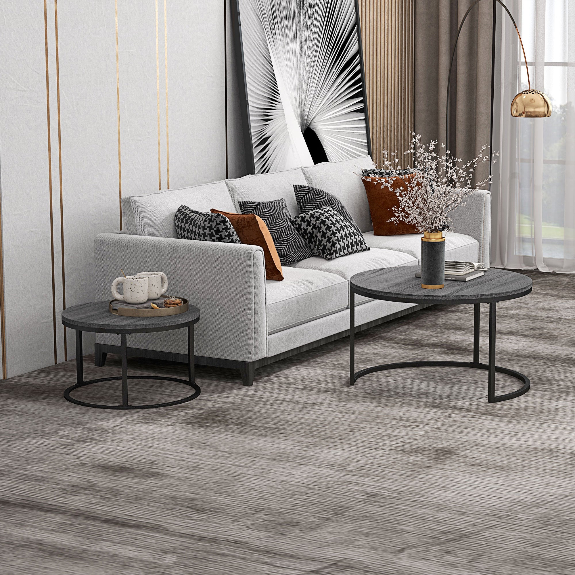Industrial Nesting Coffee Table Set of 2, Round Coffee Tables, Living Room Table with Wood Effect Top and Steel Frame | HOMCOM