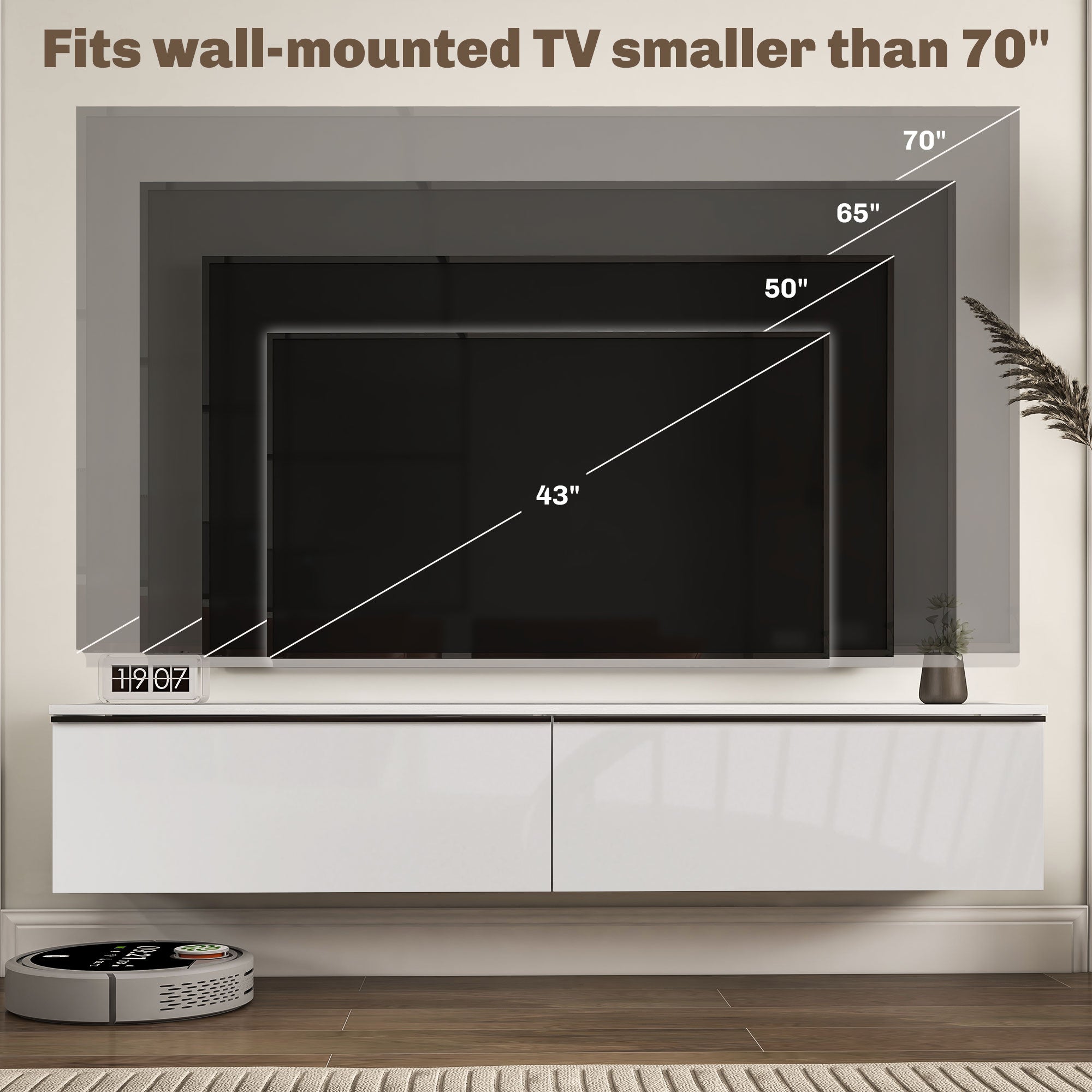 160cm High Gloss Floating TV Unit Stand for TVs up to 70", Wall Mounted TV Cabinet with Storage Cupboards in White by HOMCOM