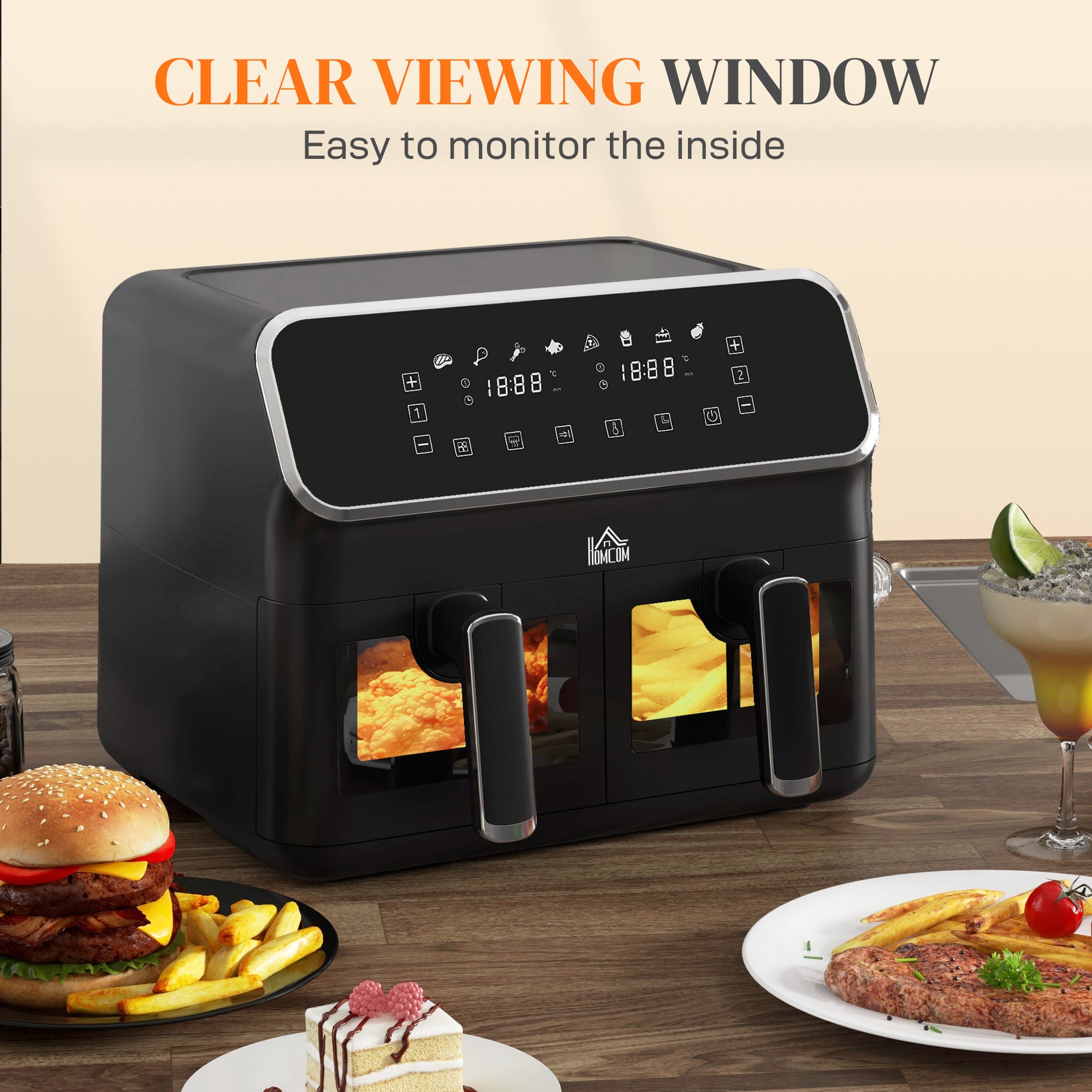 Dual Air Fryer, 8L Family Size Double Air Fryer Oven w/ 8-In-1 Presets, Smart Finish, Digital Display, Visual Window, Timer for Oil | HOMCOM