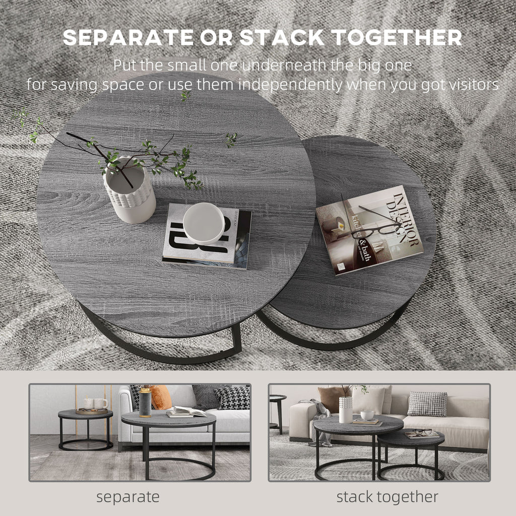 Industrial Nesting Coffee Table Set of 2, Round Coffee Tables, Living Room Table with Wood Effect Top and Steel Frame | HOMCOM