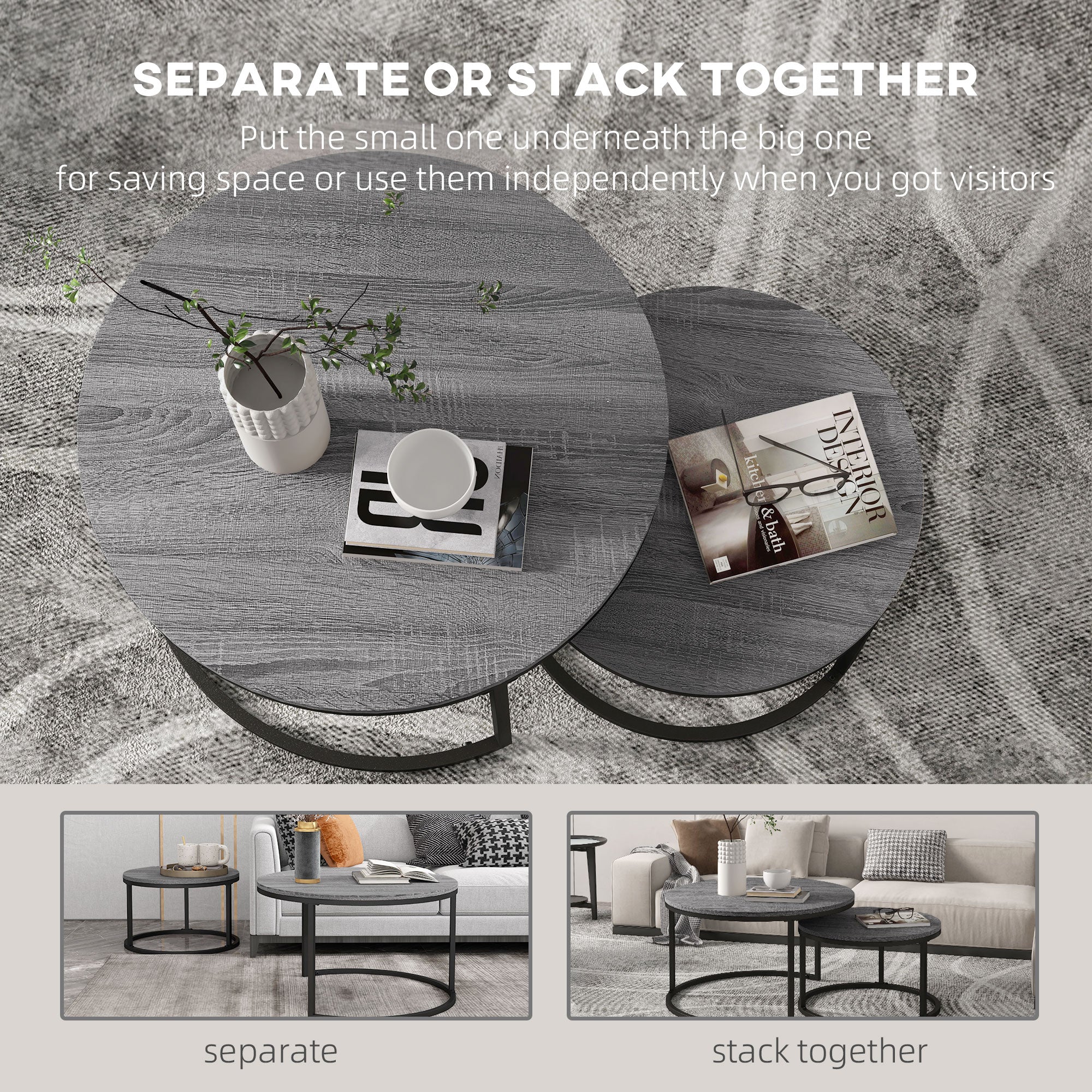 Industrial Nesting Coffee Table Set of 2, Round Coffee Tables, Living Room Table with Wood Effect Top and Steel Frame | HOMCOM