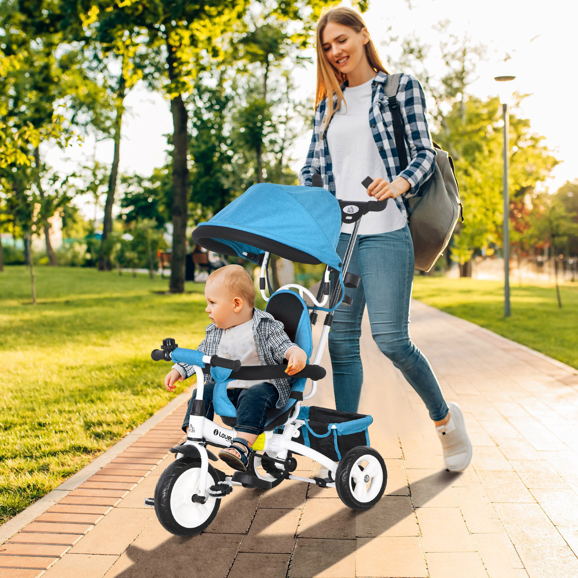 4 in 1 Kids Trike Push Bike with Handle, Canopy, Safety Belt, Footrest and Brake for 1-5 Year olds in Blue | HOMCOM