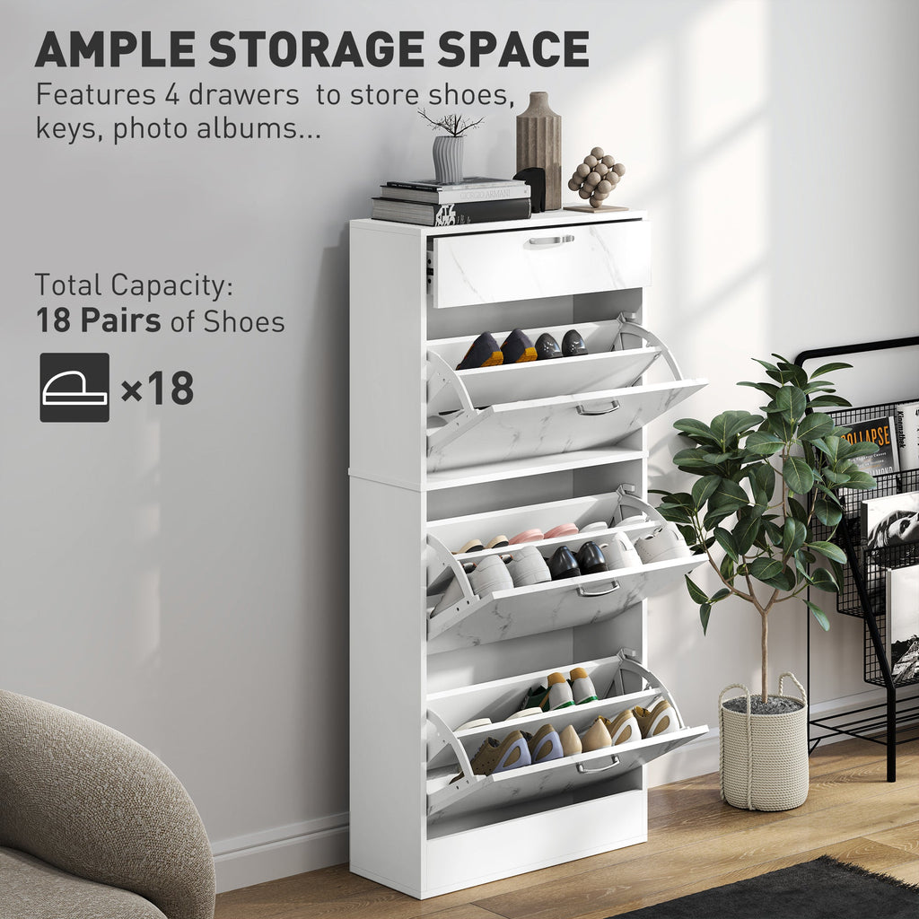 Marble Shoe Storage Cabinet with 3 Flip Drawers, Hallway Cabinet with Top Drawer and Adjustable Shelves, Shoe Cupboard for 18 Pairs, White