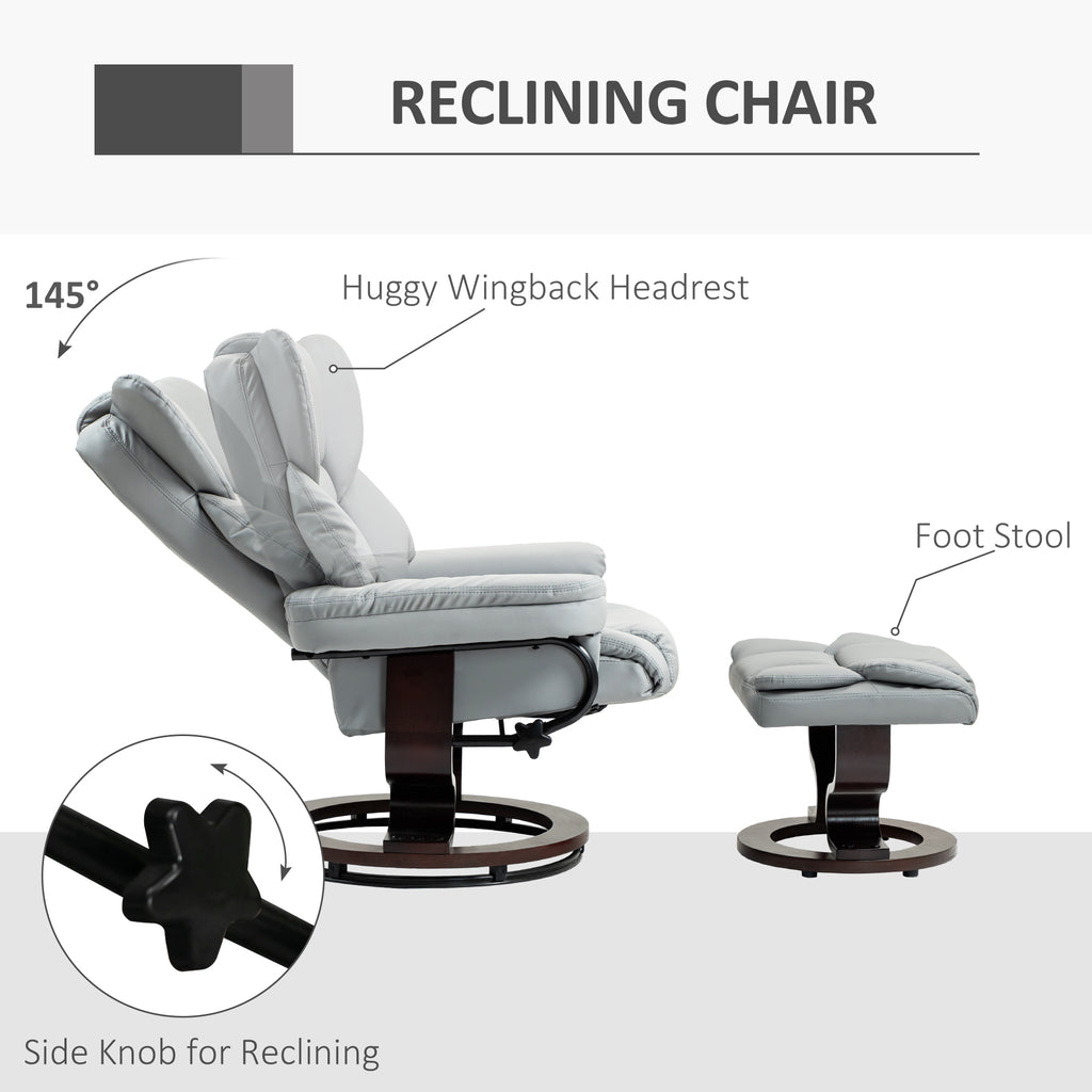 Faux Leather Recliner Chair and Footstool, Swivel Upholstered Armchair with Adjustable Backrest, Wood Base in Light Grey by HOMCOM