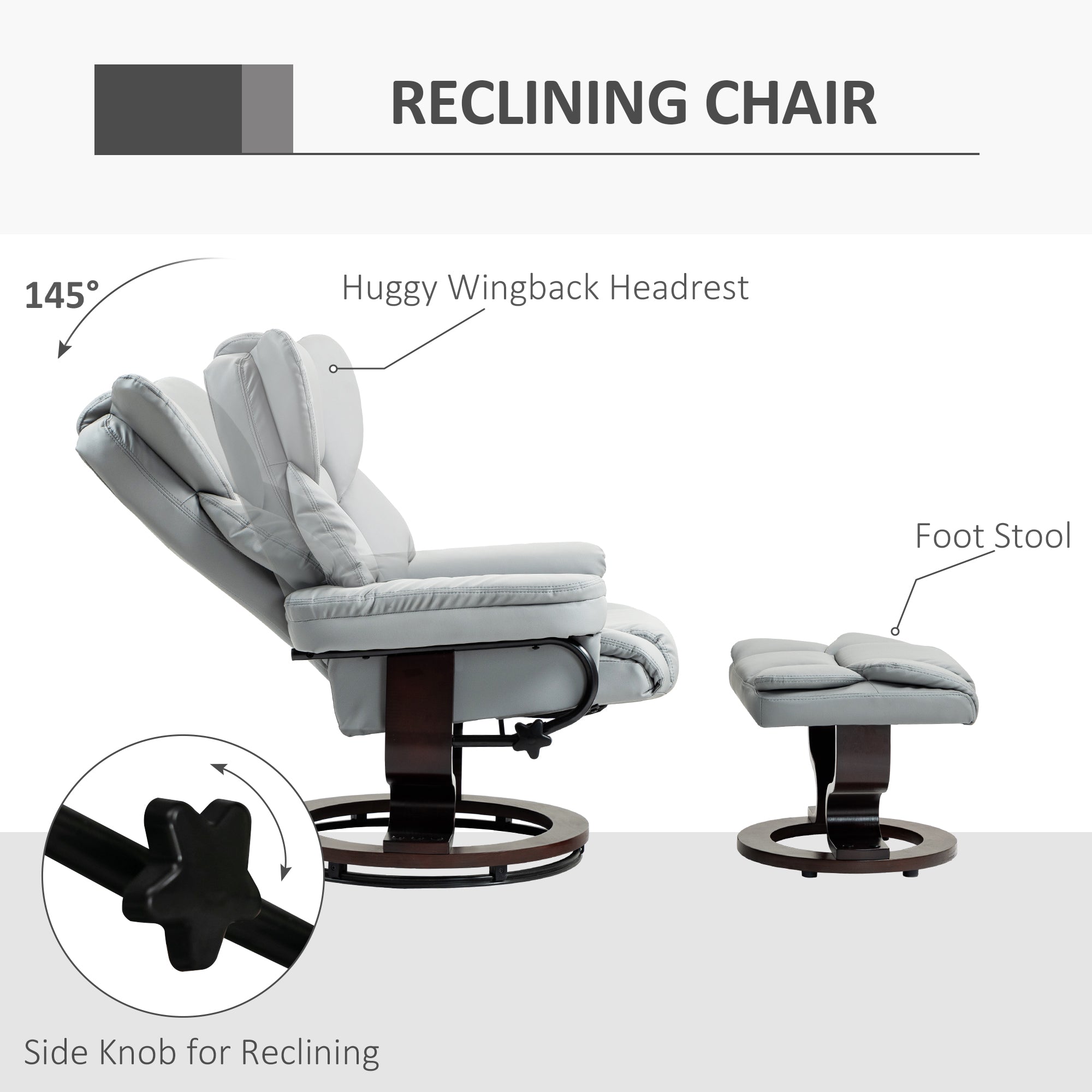 Faux Leather Recliner Chair and Footstool, Swivel Upholstered Armchair with Adjustable Backrest, Wood Base in Light Grey by HOMCOM