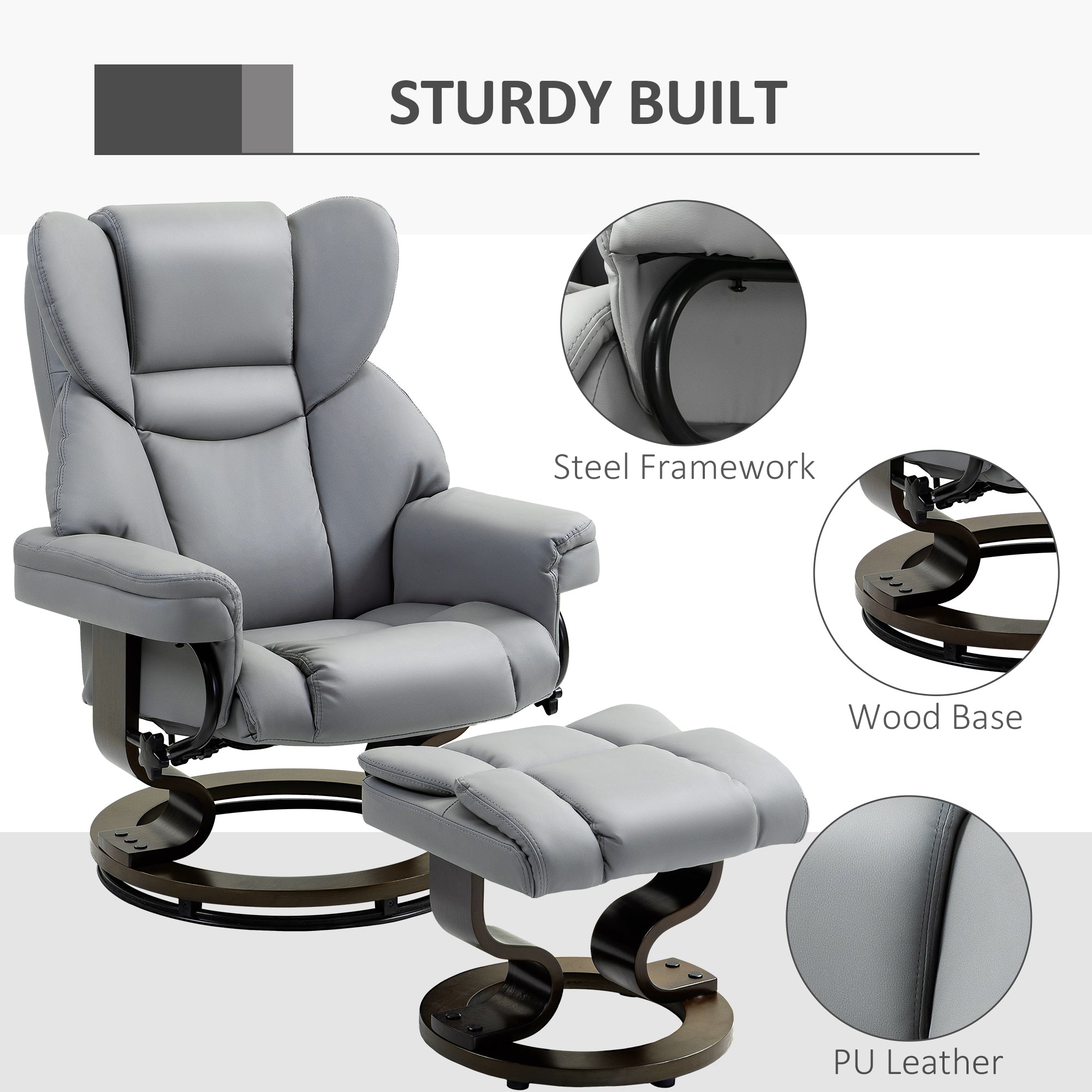 Faux Leather Recliner Chair and Footstool, Swivel Upholstered Armchair with Adjustable Backrest, Wood Base in Light Grey by HOMCOM