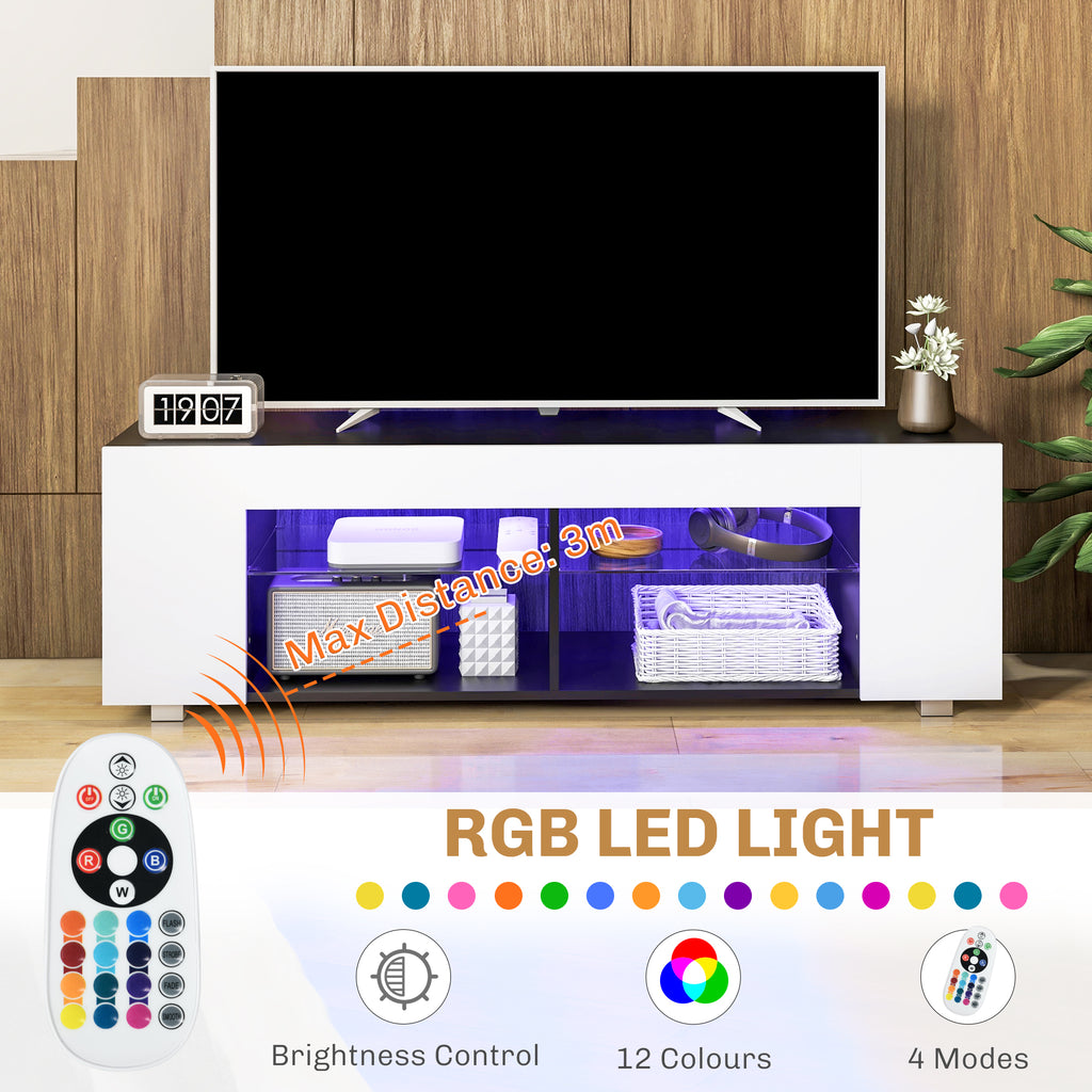 HOMCOM TV Stand, 145cm Modern TV Unit with Glass Shelves, RGB LED Light for 32 40 43 50 52 55 60 inch 4k TV in White