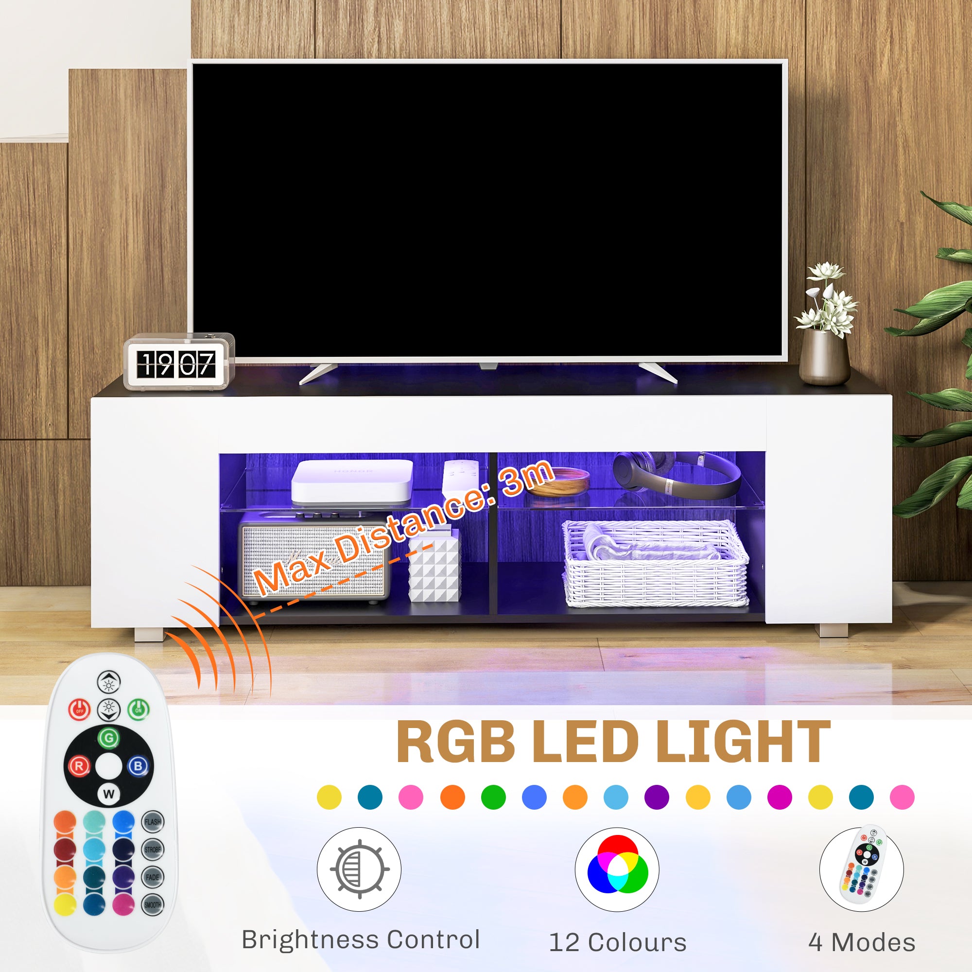 HOMCOM TV Stand, 145cm Modern TV Unit with Glass Shelves, RGB LED Light for 32 40 43 50 52 55 60 inch 4k TV in White