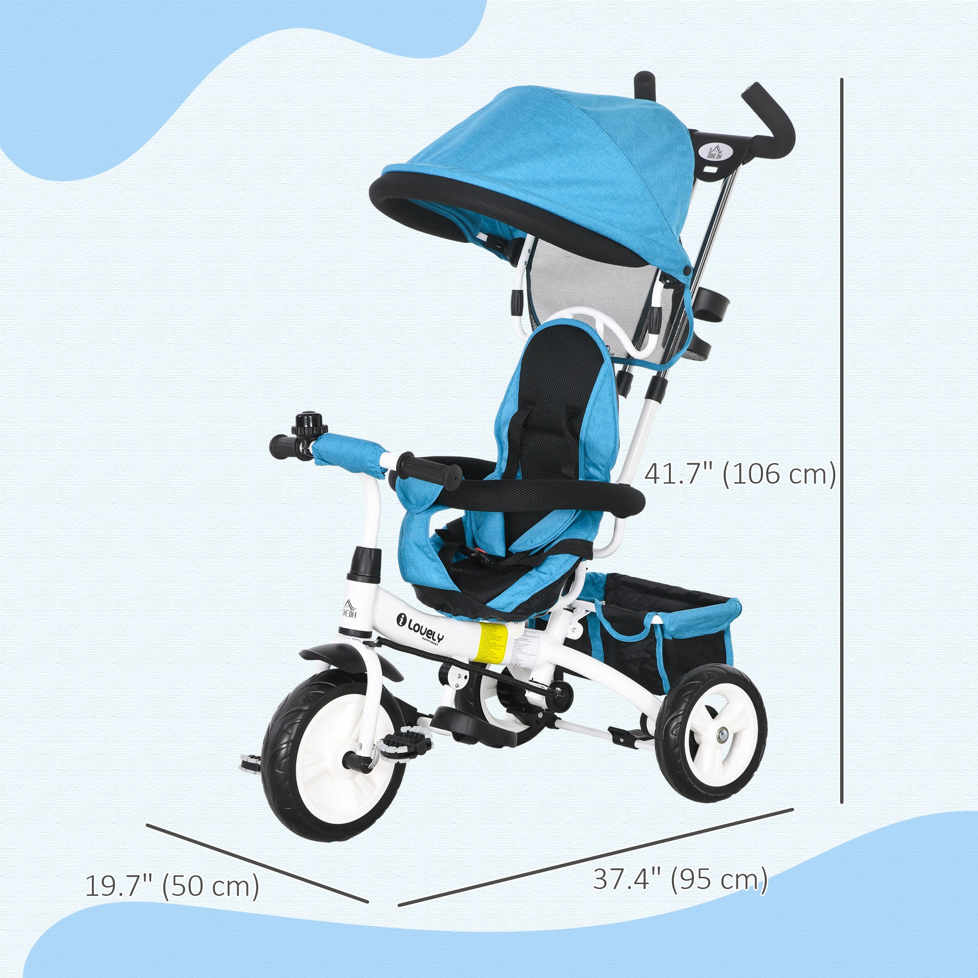 4 in 1 Kids Trike Push Bike with Handle, Canopy, Safety Belt, Footrest and Brake for 1-5 Year olds in Blue | HOMCOM