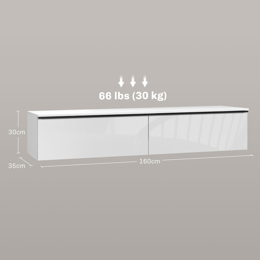 160cm High Gloss Floating TV Unit Stand for TVs up to 70", Wall Mounted TV Cabinet with Storage Cupboards in White by HOMCOM